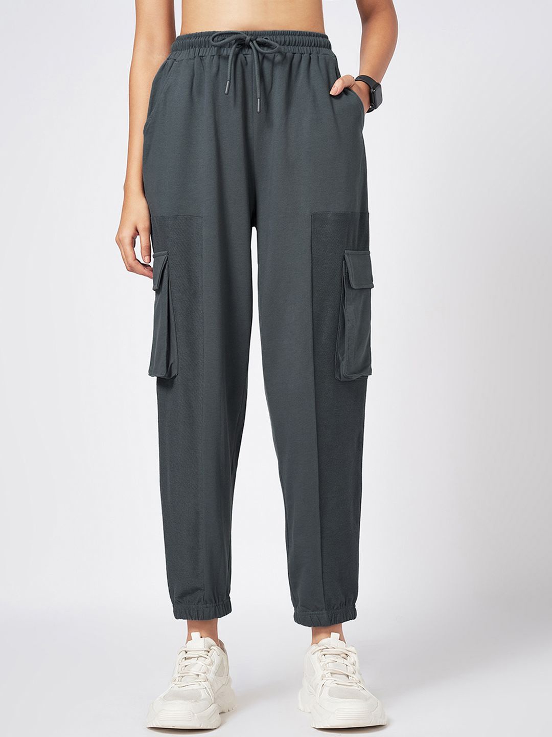 

Ajile by Pantaloons Women High-Rise Pure Cotton Joggers, Steel