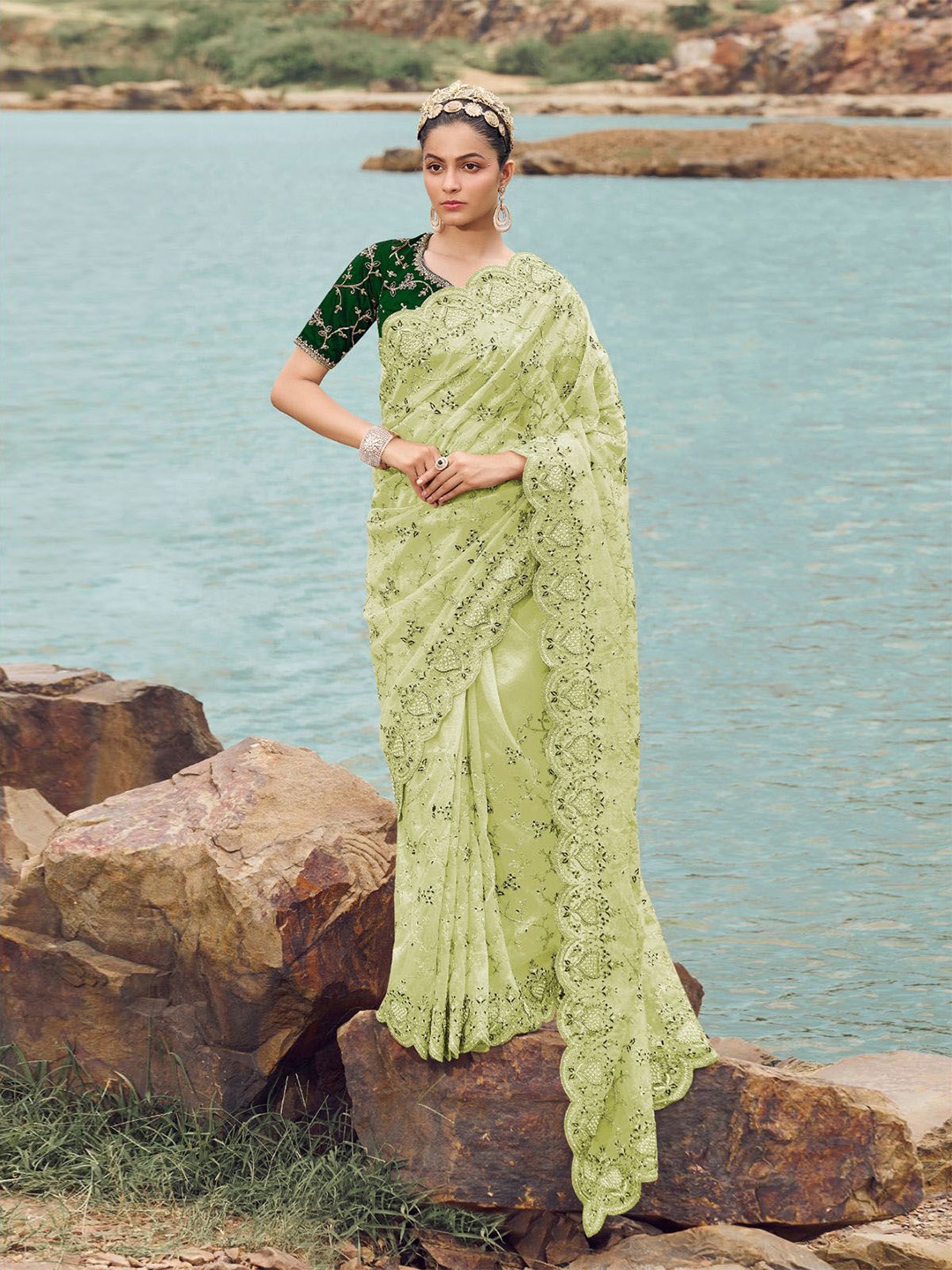 

ODETTE Floral Embroidered Beads and Stones Net Saree, Green