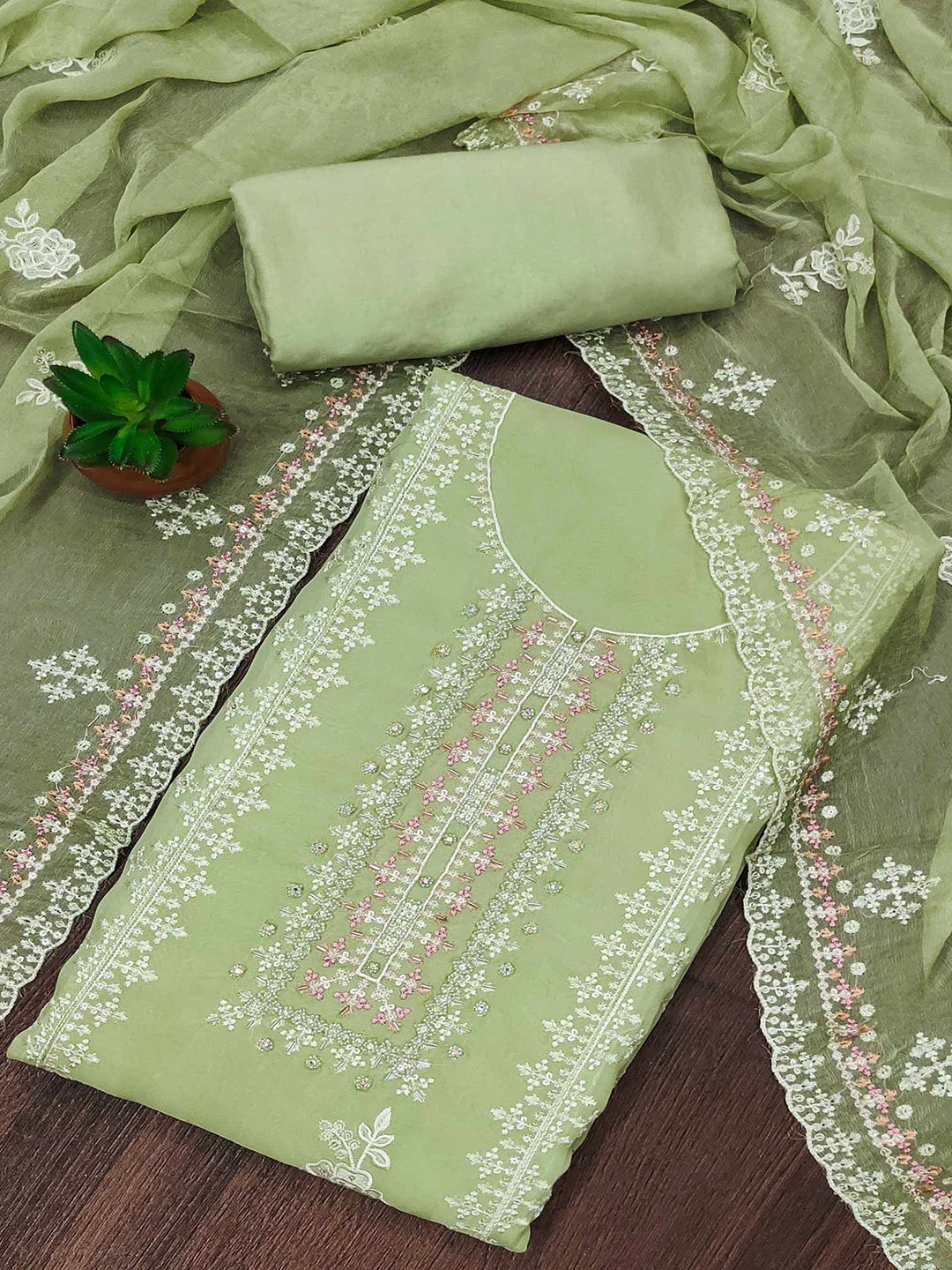 

Peachmode Thread Work Organza Unstitched Dress Material, Green