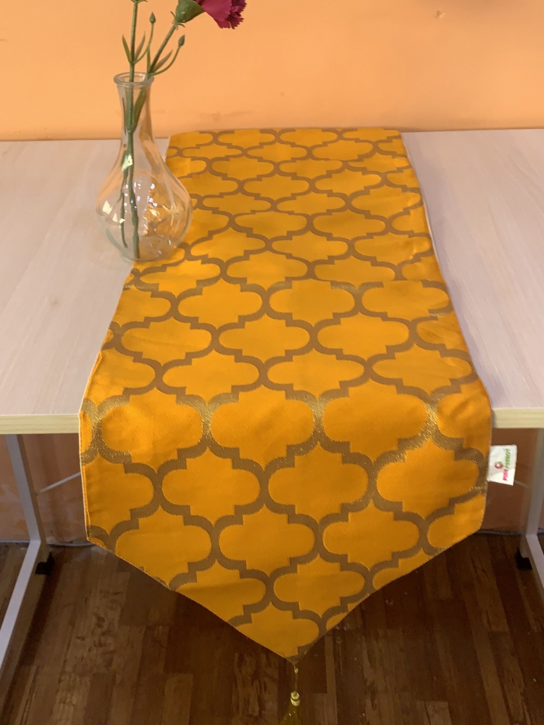 

Pink Parrot Yellow-Coloured Geometric Printed Table Runner, Gold
