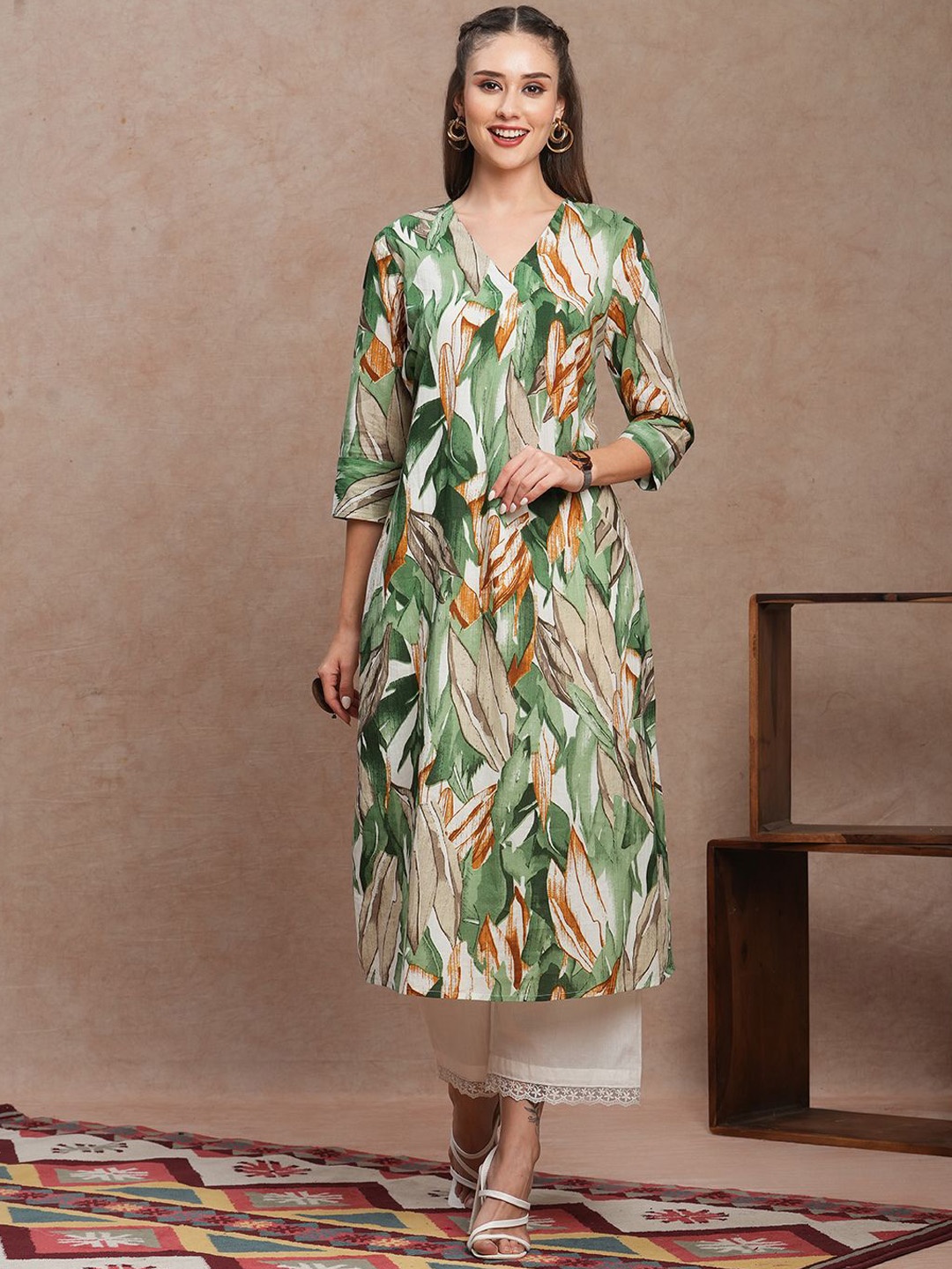 

FASHOR Abstract Printed Cotton A-Line Kurta, Green
