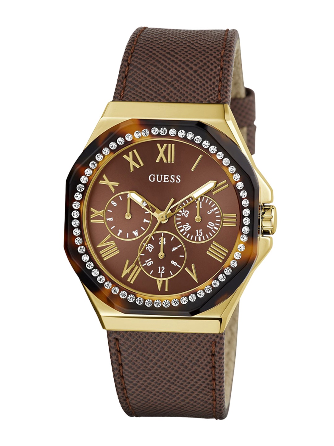 

GUESS Women Embellished Dial & Leather Straps Analogue Watch GW0753L3, Brown