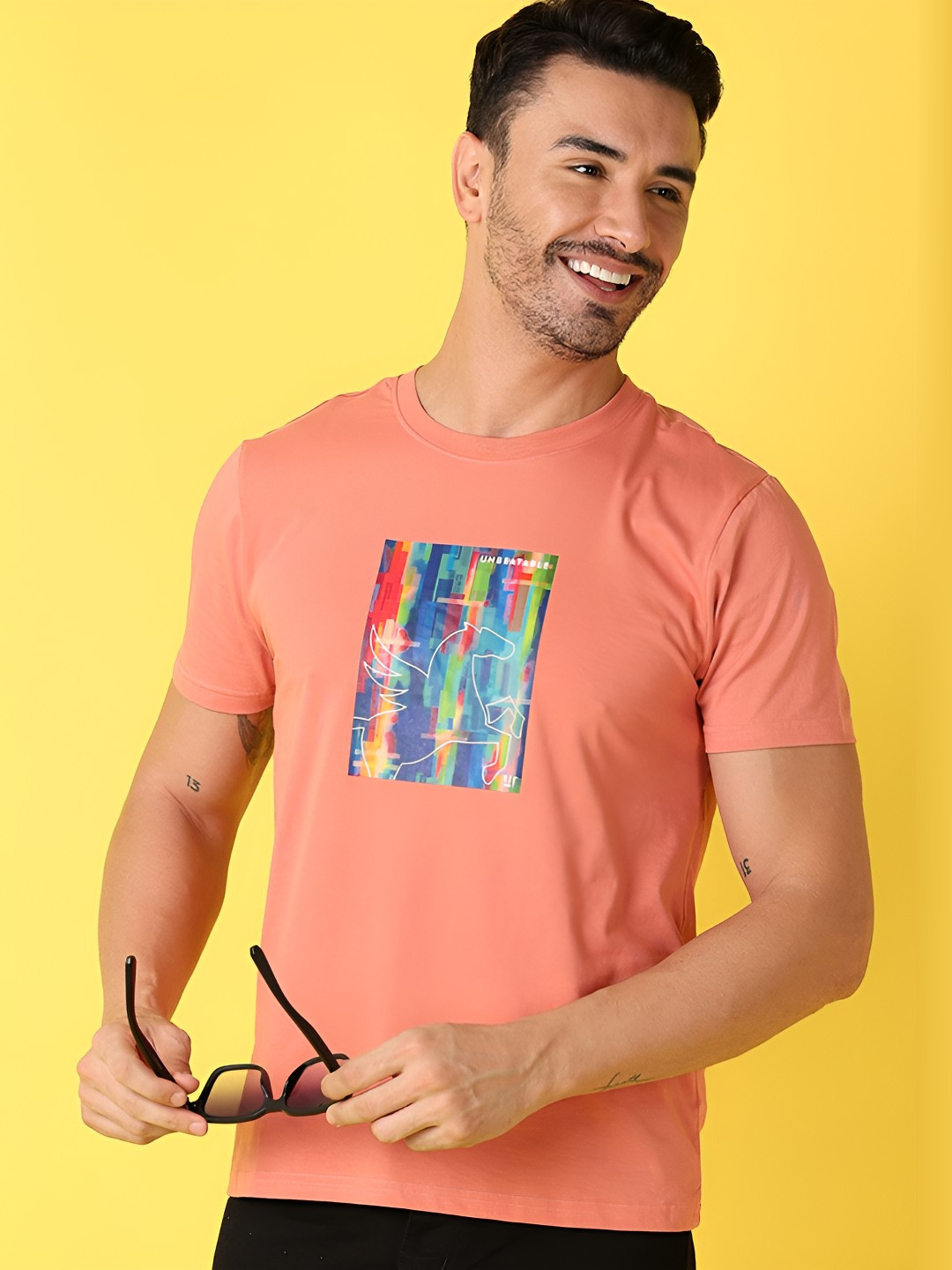 

V-Mart Men Graphic Printed Round Neck Cotton Slim Fit T-Shirt, Peach