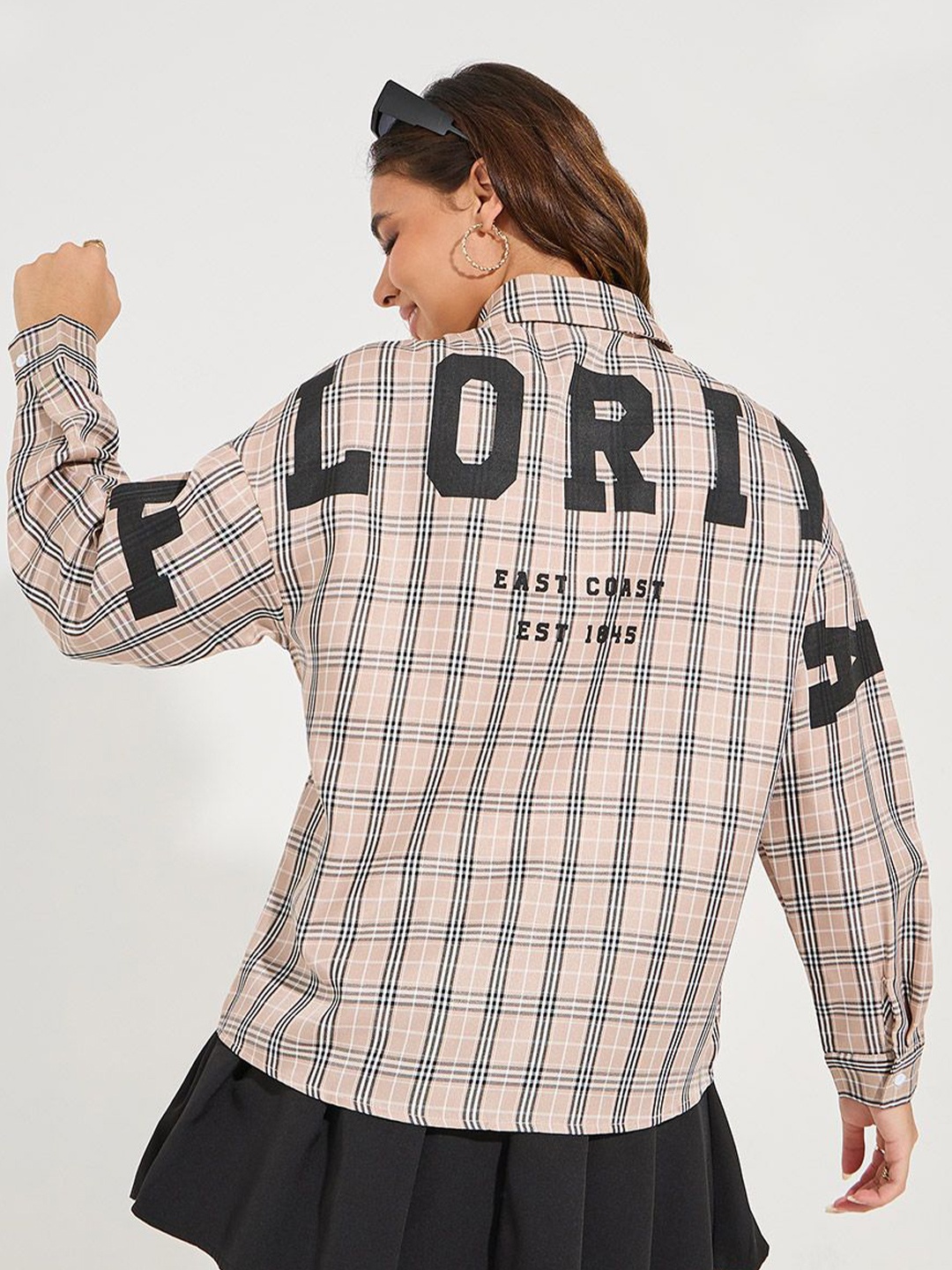 

Women Oversized Checked Longline Shirt with Dropped Shoulder, Brown