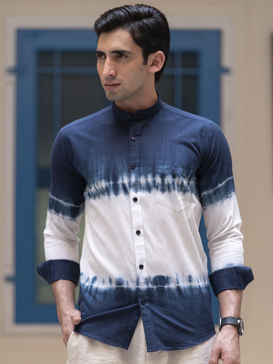

Tistabene Men Standard Band Collar Dyed Cotton Casual Shirt, Navy blue