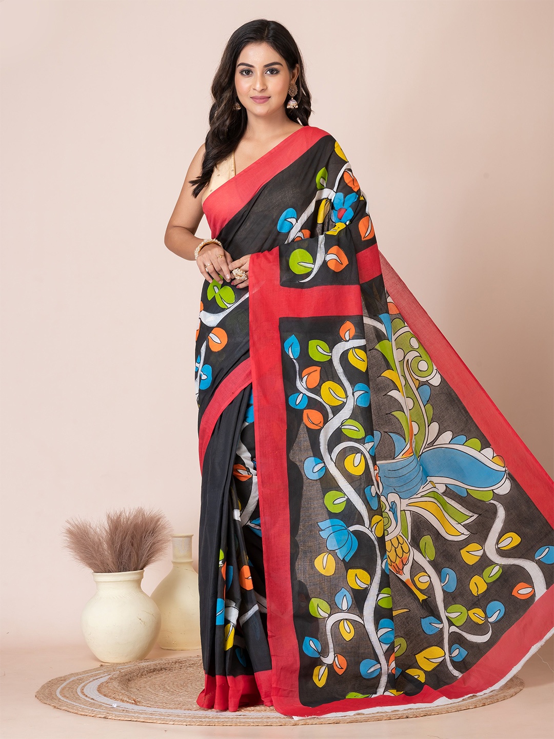 

Laa Calcutta Ethnic Motifs Printed Pure Cotton Saree, Black