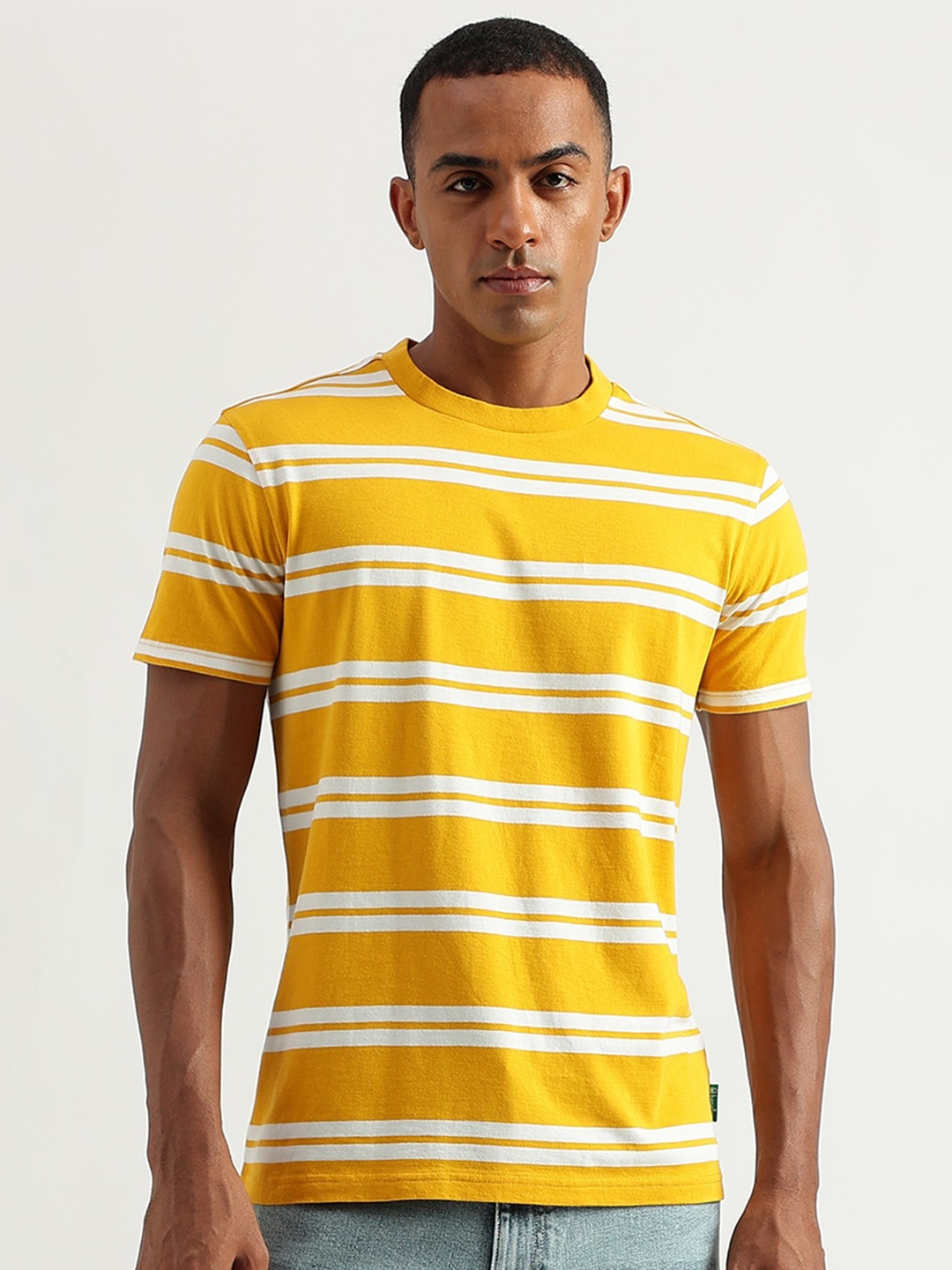 

United Colors of Benetton Striped Round Neck Cotton T-Shirt, Yellow