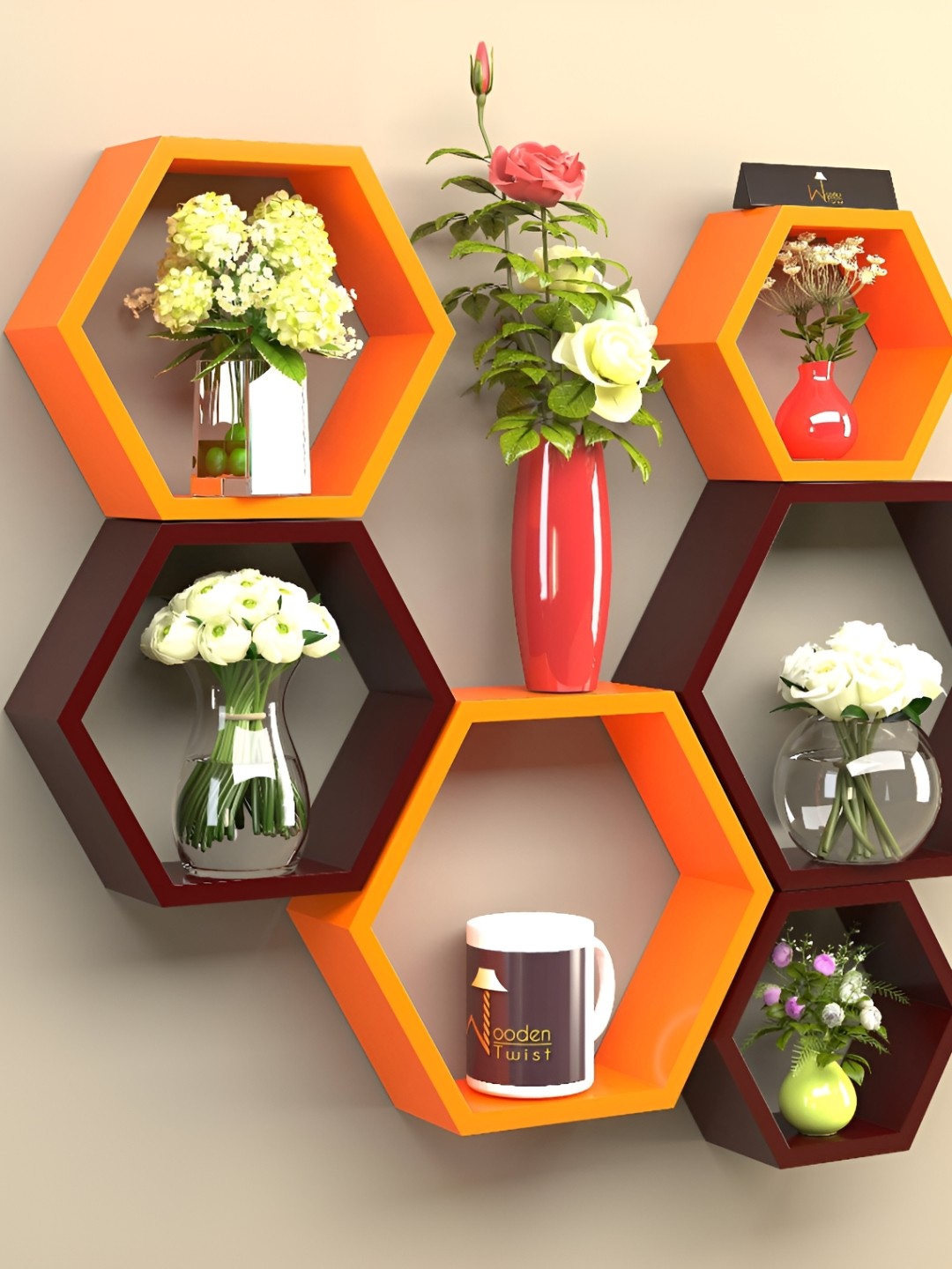 

Wooden Twist 6 Pieces Orange & Brown Wooden Floating Wall Shelves