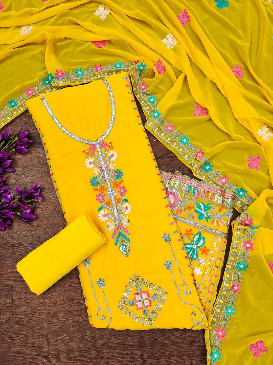 

APNISHA Floral Embroidered Silk Georgette Unstitched Dress Material, Yellow