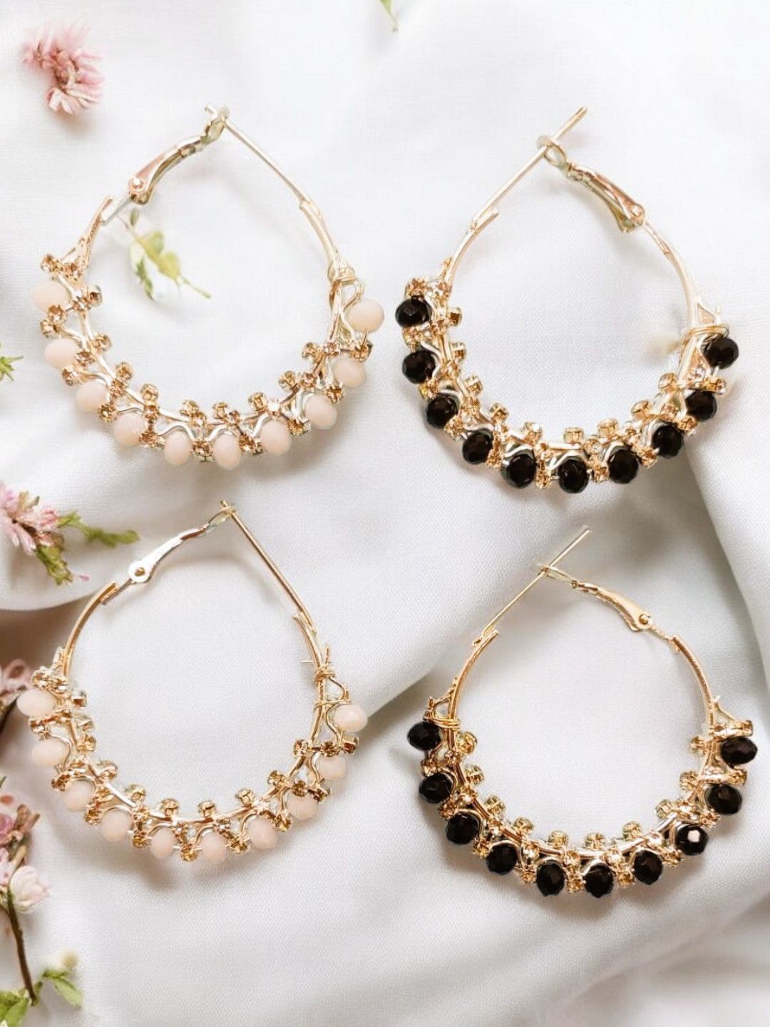 

9blings Set of 2 Artificial Beaded & Stone Studded Hoop Earrings, Gold