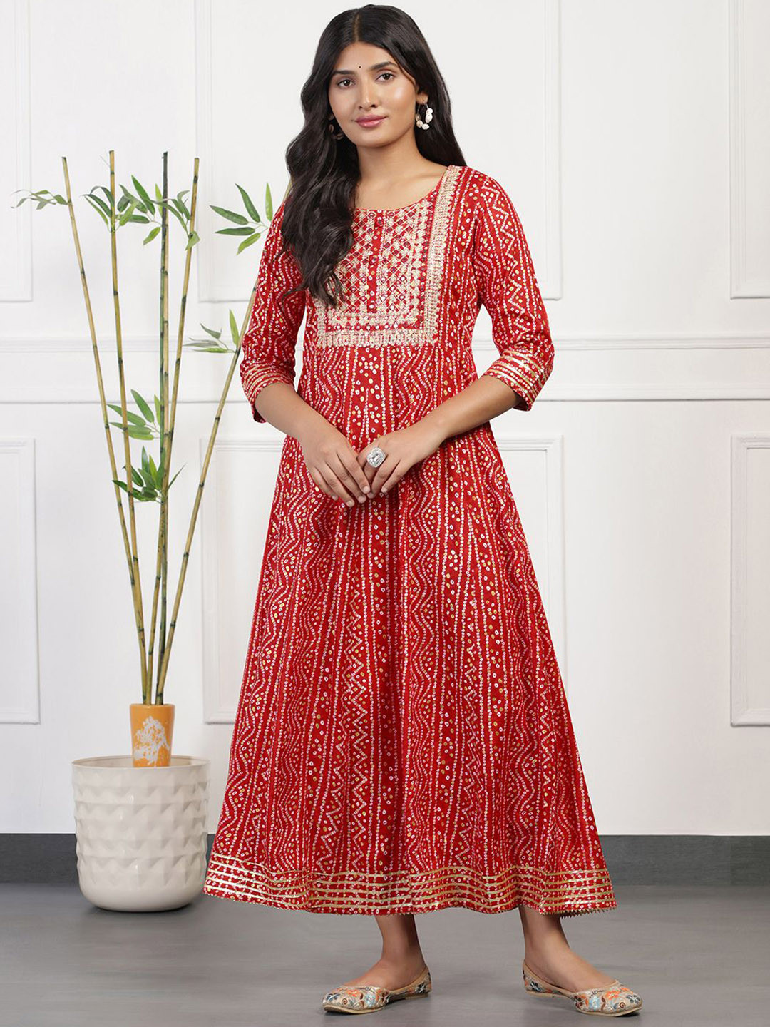 

BAESD Bandhani Printed Round Neck Cotton Anarkali Kurta, Red