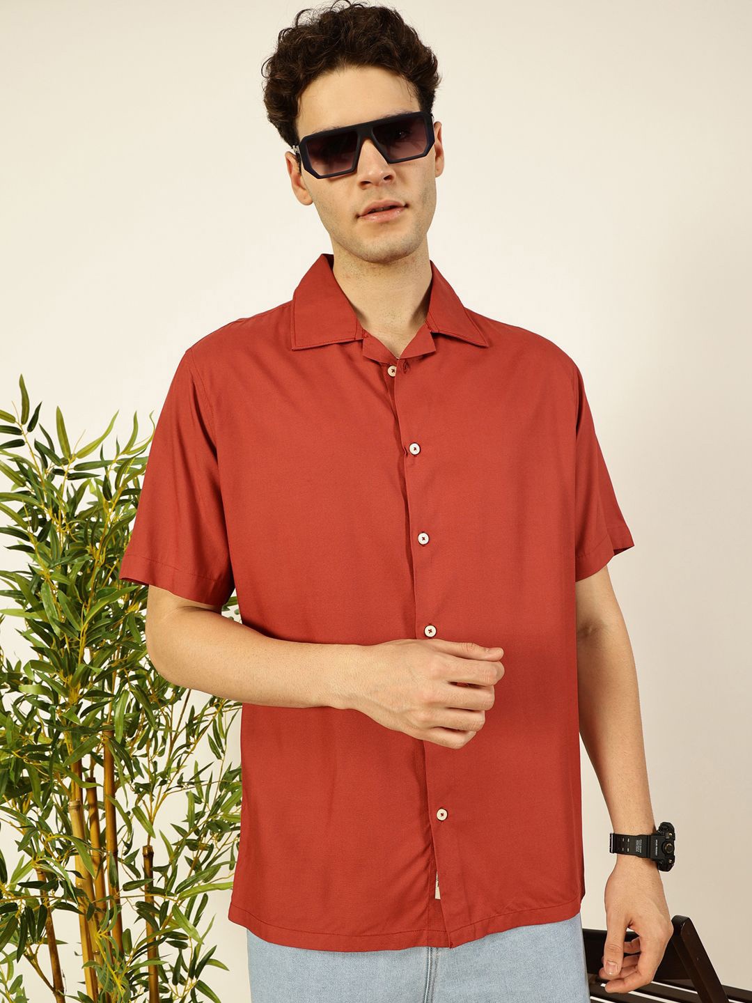 

Thomas Scott Men Premium Cuban Collar Solid Oversized Casual Shirt, Rust