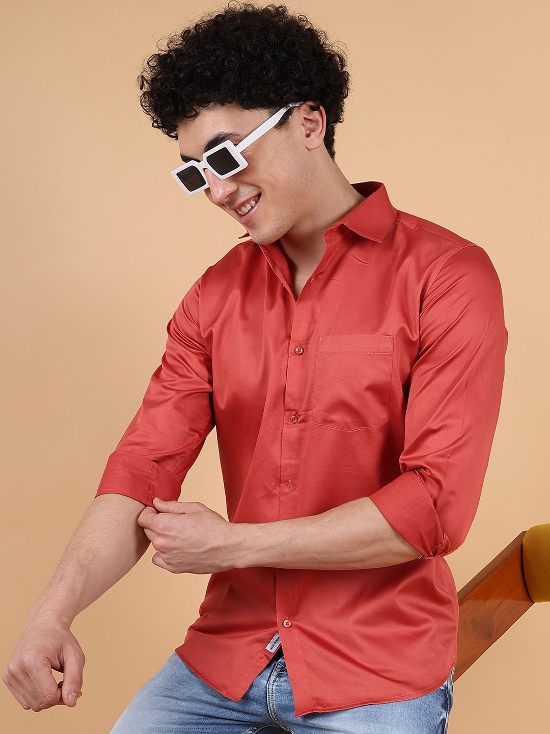 

Zeal Men Standard Spread Collar Solid Cotton Semiformal Shirt, Red