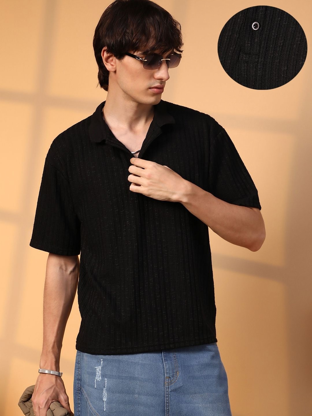 

Campus Sutra Men Self Design Polo Collar Cotton T-Shirt, Black