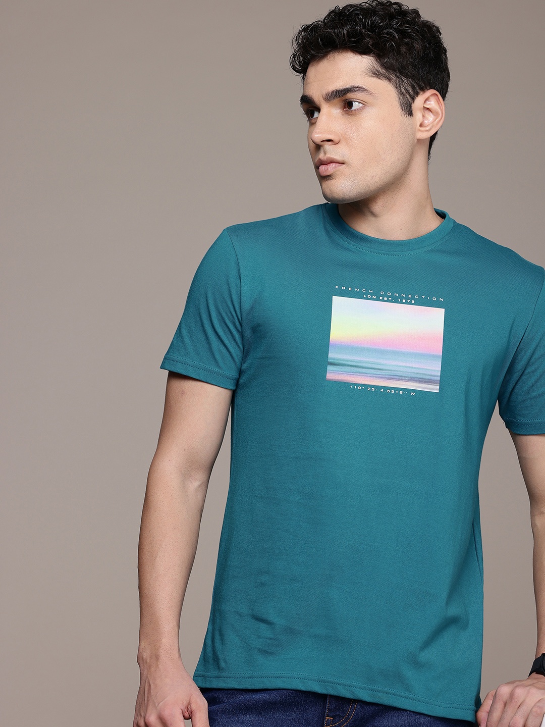 

French Connection Men Printed T-shirt, Teal