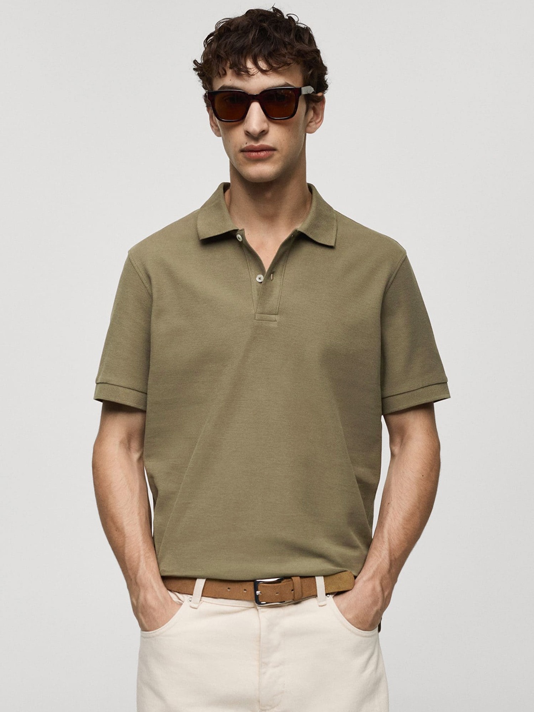 

MANGO MAN Pure Cotton Polo Collar T-shirt, Taupe