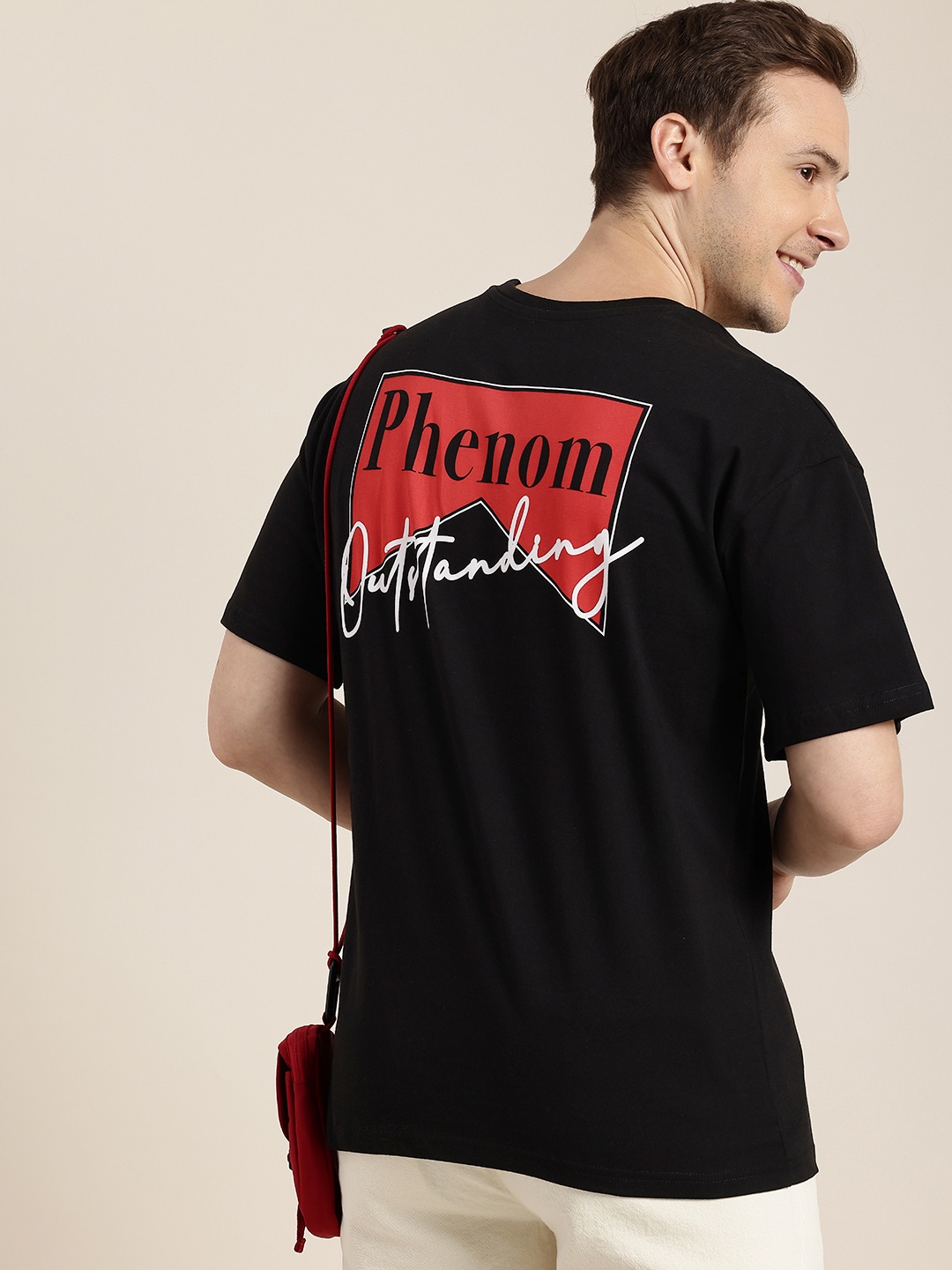 

HERE&NOW Pure Cotton Typography Printed Drop-Shoulder Sleeves T-shirt, Black