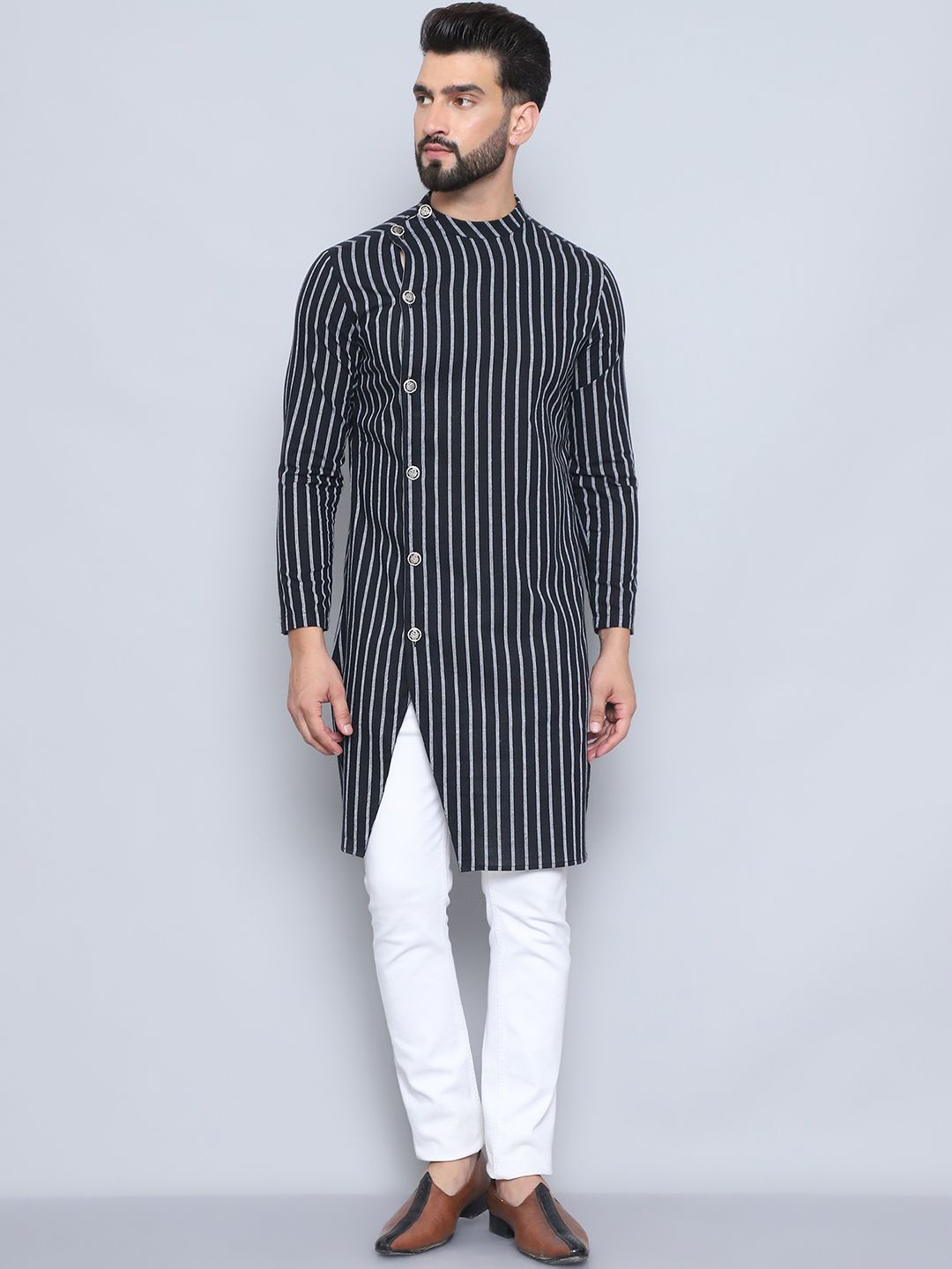 

even Striped Printed Mandarin Collar Pure Cotton Straight Kurta, Black