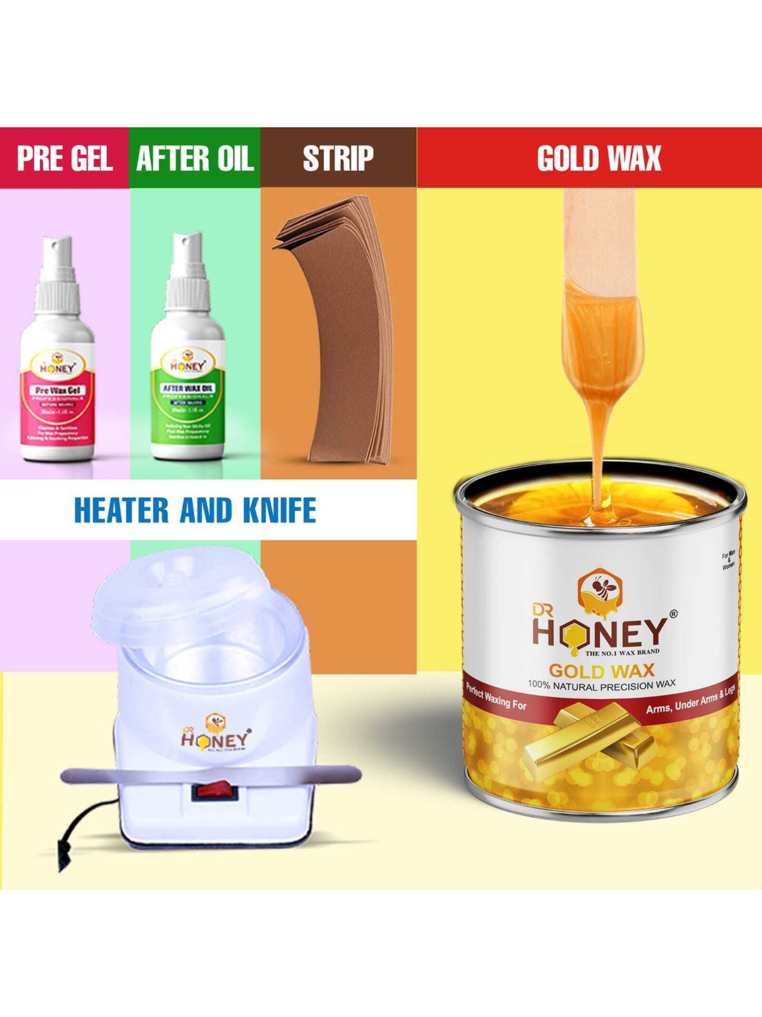 

DR HONEY 100% Natural Precision Hot Wax With Strips, Spatula, Pre Gel, After Oil & Heater, Gold