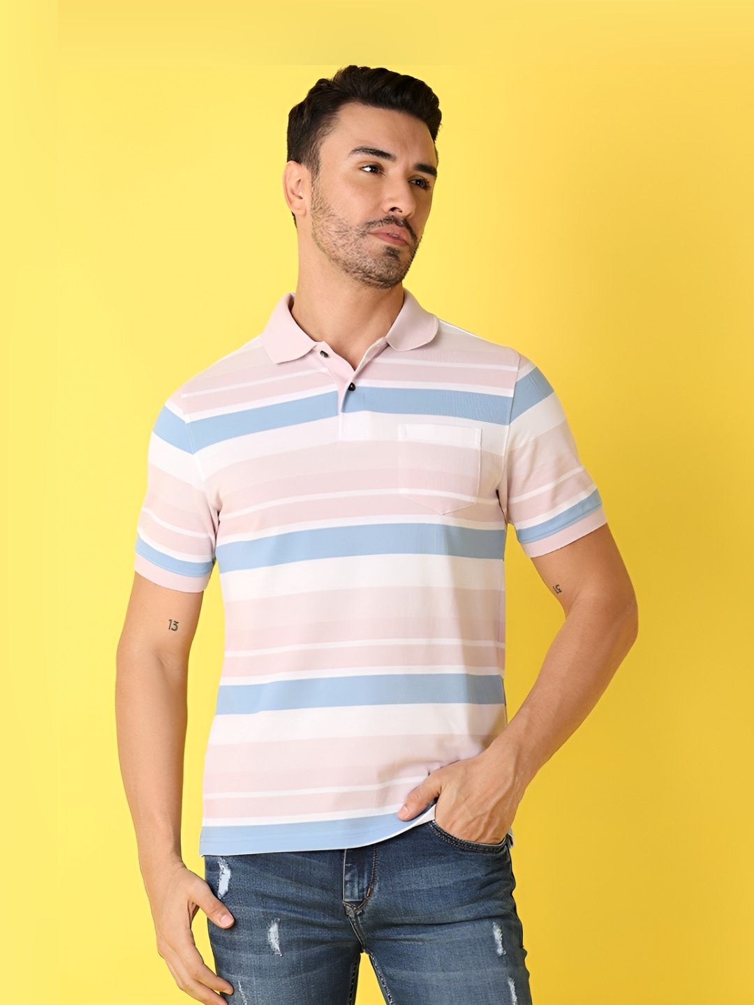 

V-Mart Men Striped Polo Collar Cotton T-Shirt, Pink