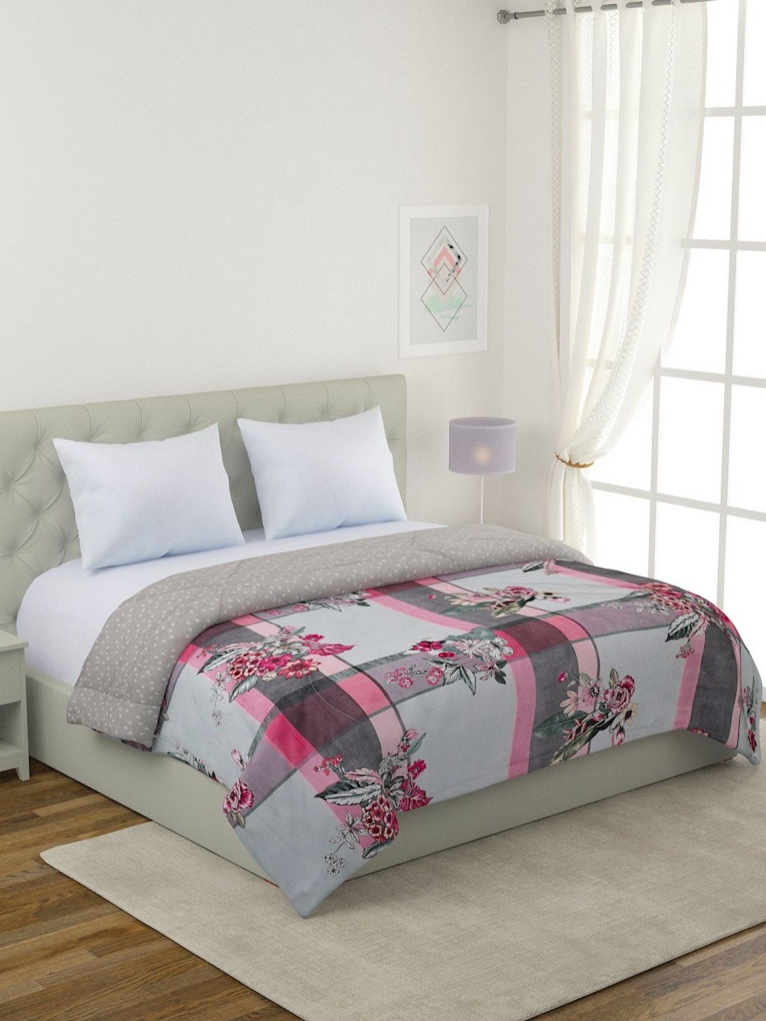 

Myntra Elegant Homes Blue & Pink Floral AC Room 200 GSM Reversible Double Bed Comforter