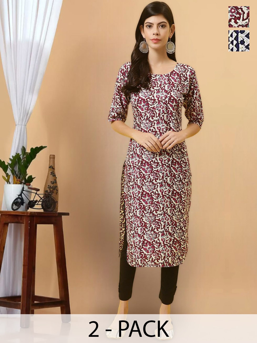 

7Threads Selection Of 2 Printed Straight Kurtas, Pink