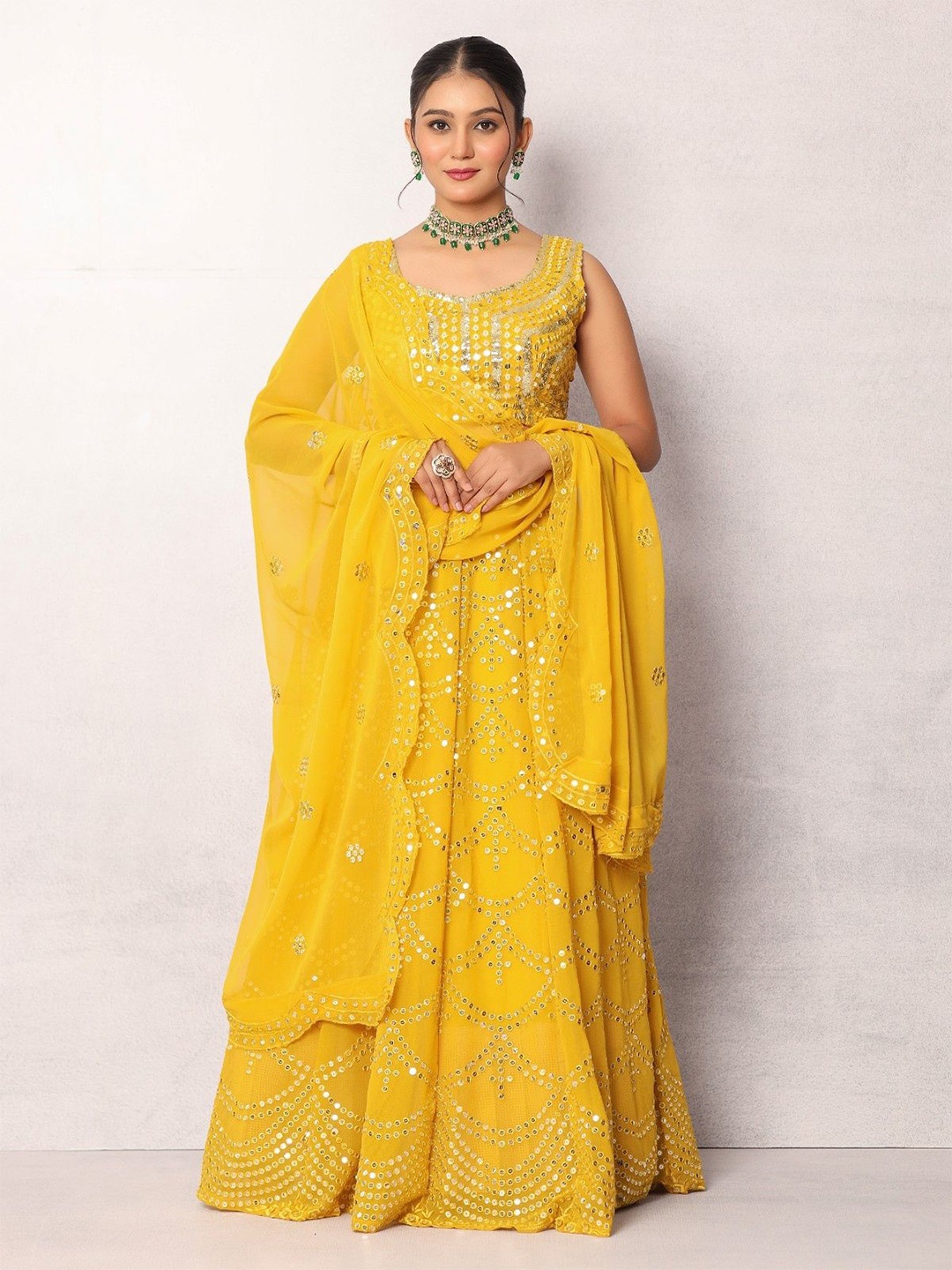 

Futra Gabha Embroidered Sequinned Ready to Wear Lehenga & Blouse With Dupatta, Mustard