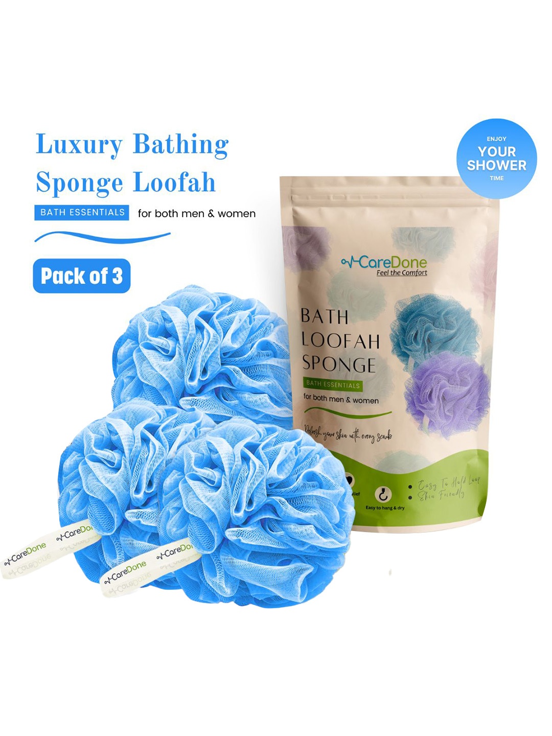 

CareDone Set of 3 Soft & Large Round Bath Loofah, Blue