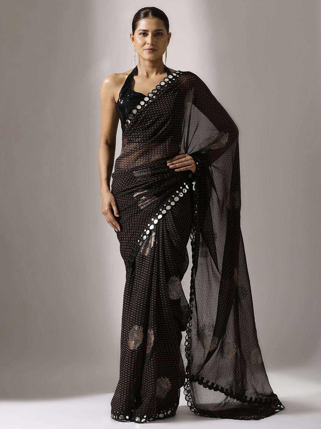 

Qahal Pure Georgette Ethnic Motifs Mirror Work Embellished Printed saree, Black