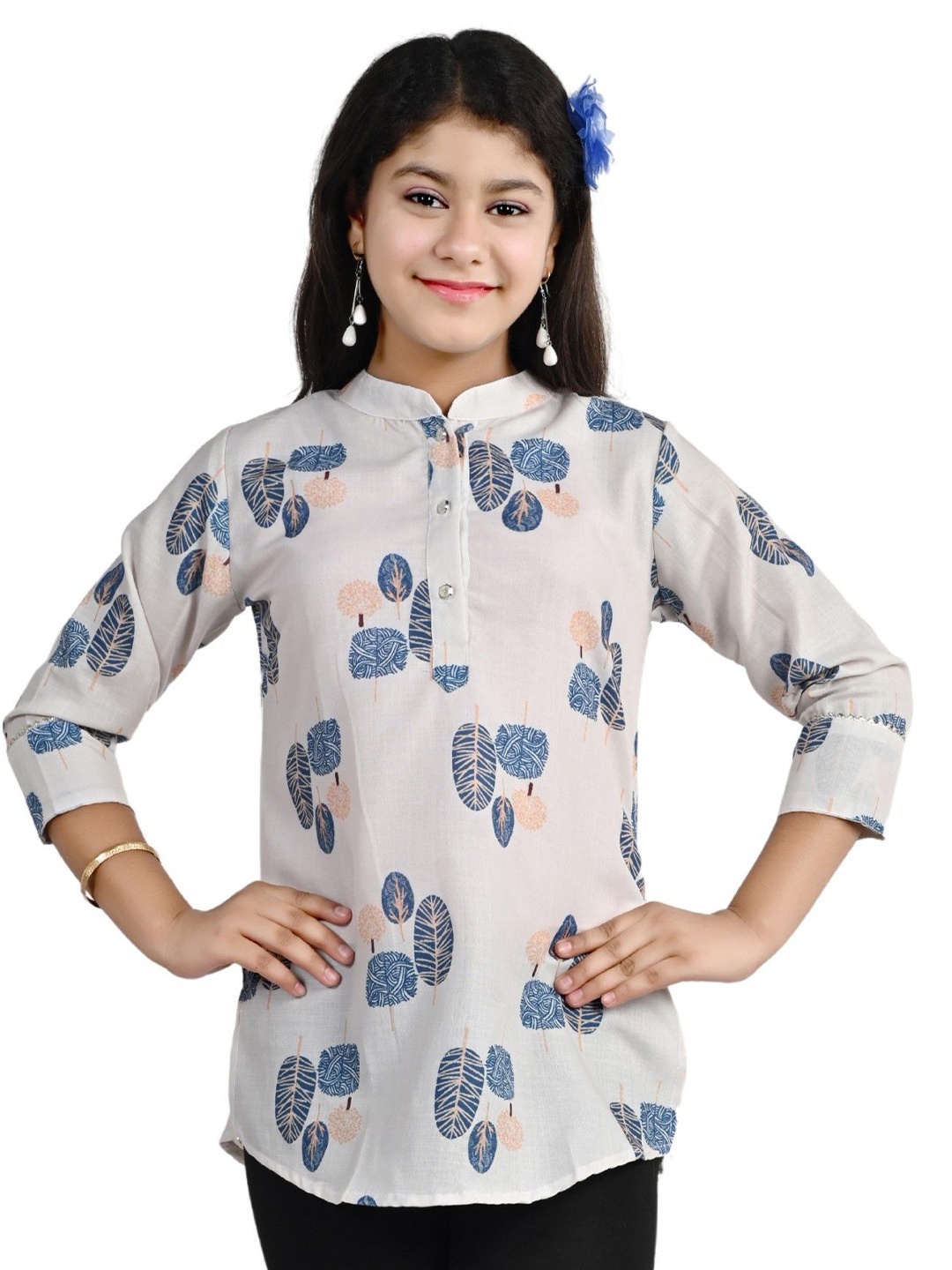 

Arshia Fashions Print Mandarin Collar Linen Top, White