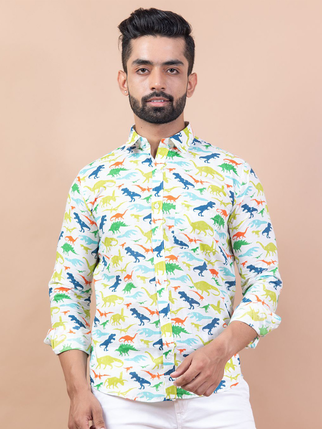 

Tistabene Men Standard Spread Collar Abstract Printed Cotton Casual Shirt, White