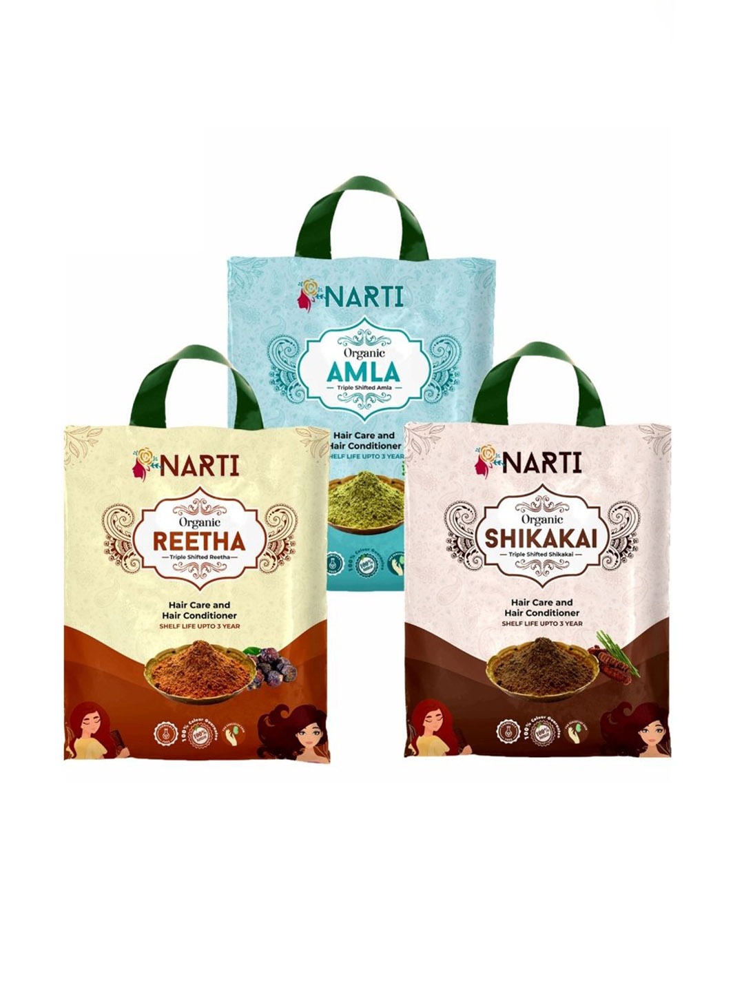 

NARTI 3 Pcs Organic Amla shikakai and Reetha powder for hair- 300gm Each, Brown