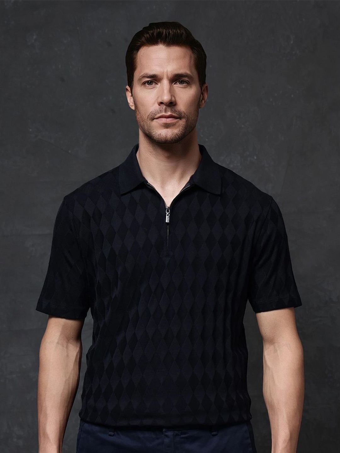 

RARE RABBIT Men Solid Polo Collar Cotton T-Shirt, Navy blue