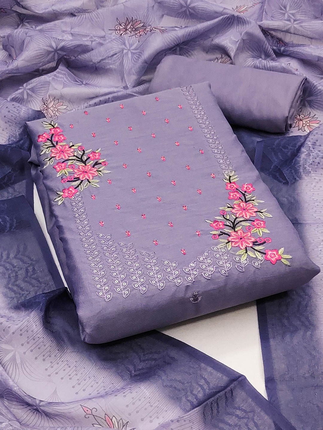 

Peachmode Thread Work Unstitched Dress Material, Purple