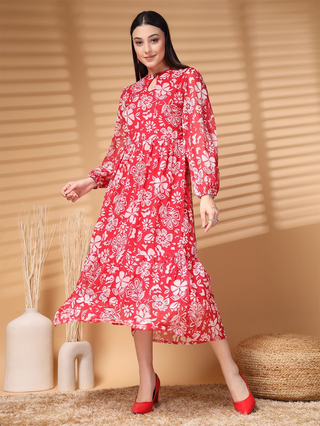 

plusS Floral Print Puff Sleeve A-Line Midi Dress, Pink