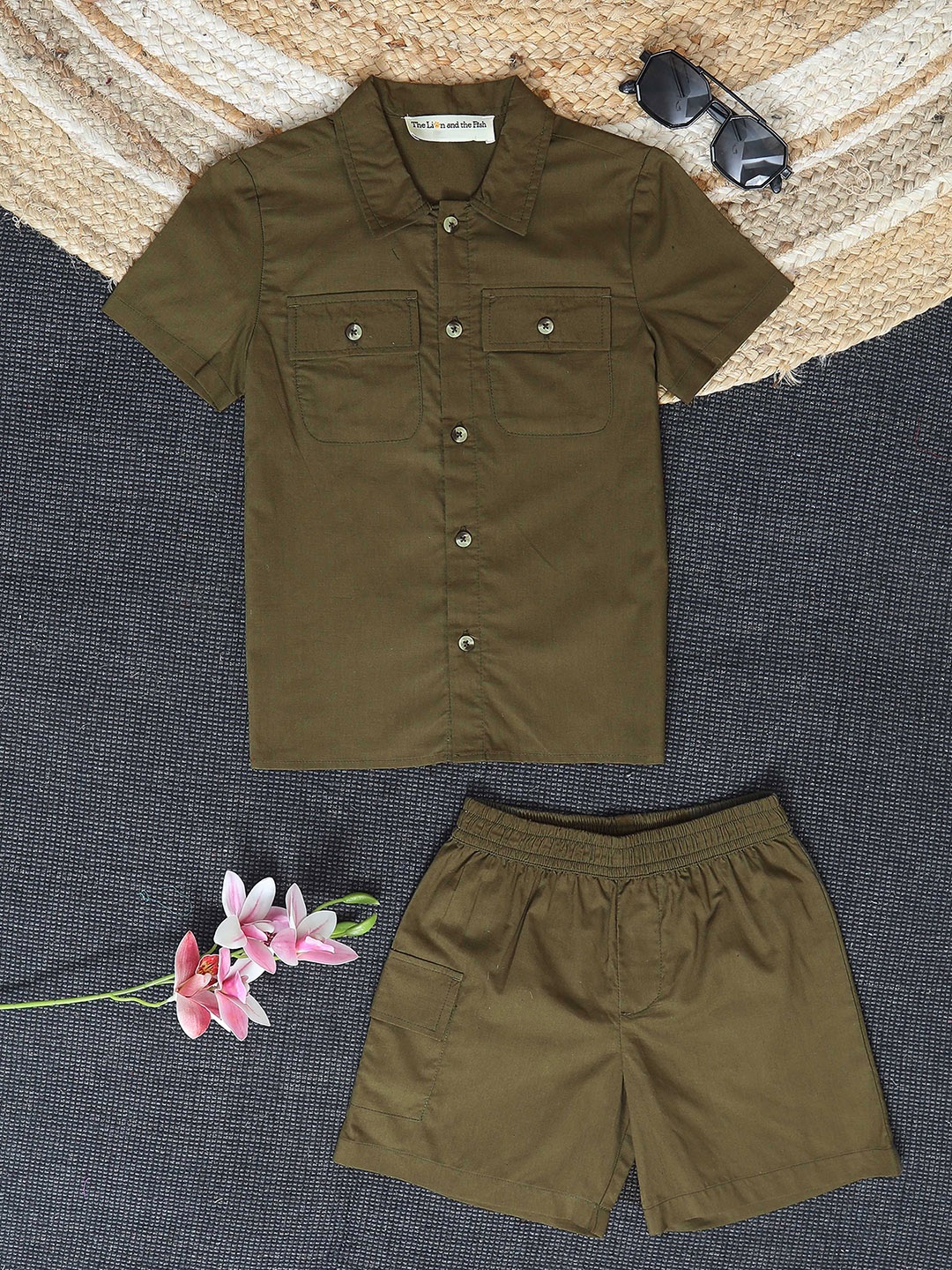 

The Lion and The Fish Boys Double Pocket Pure Cotton Shirt & Short Co-Ord Set, Green