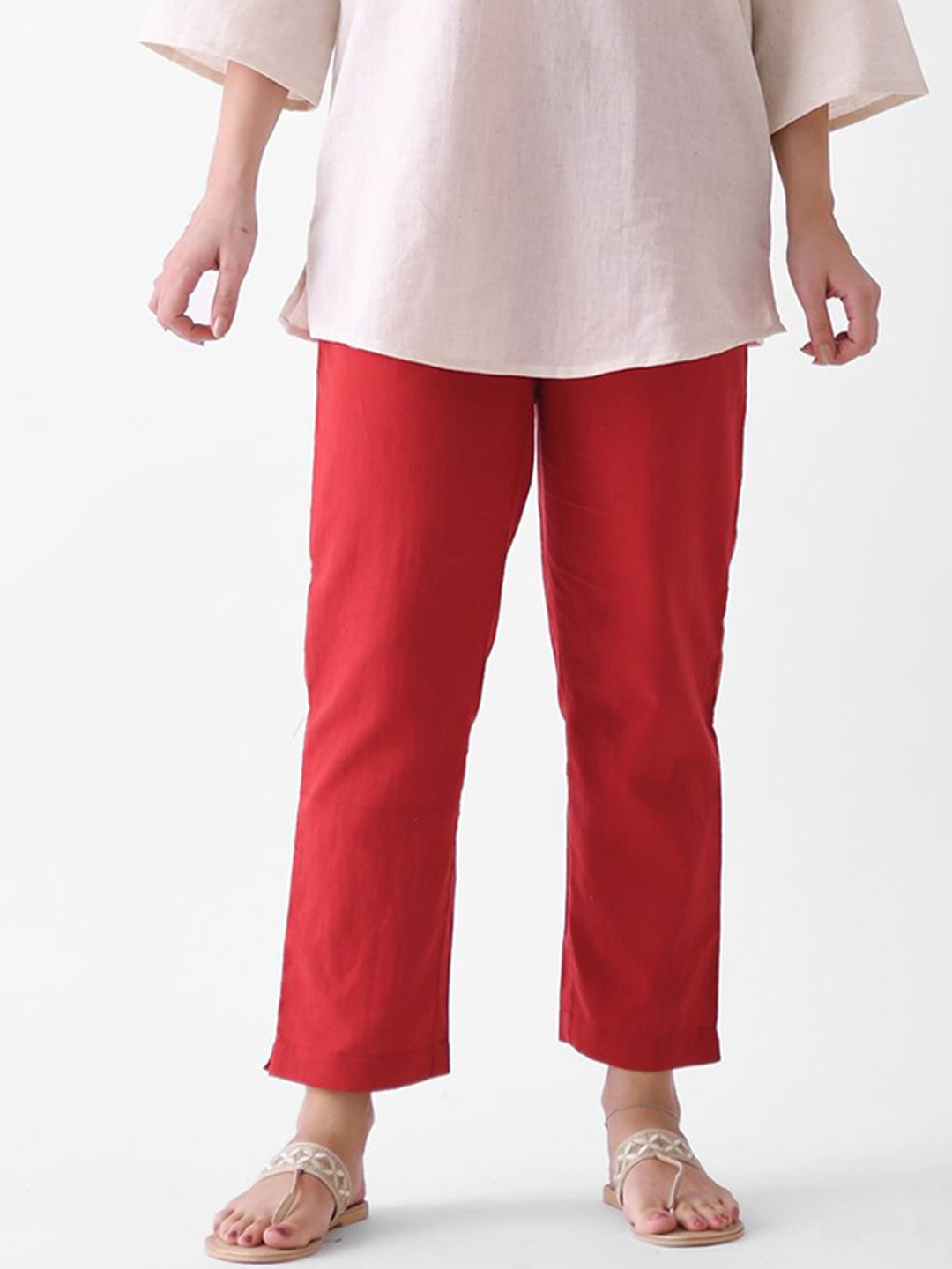 

Rustorange Women Pure Cotton Mid-Rise Trouser, Red
