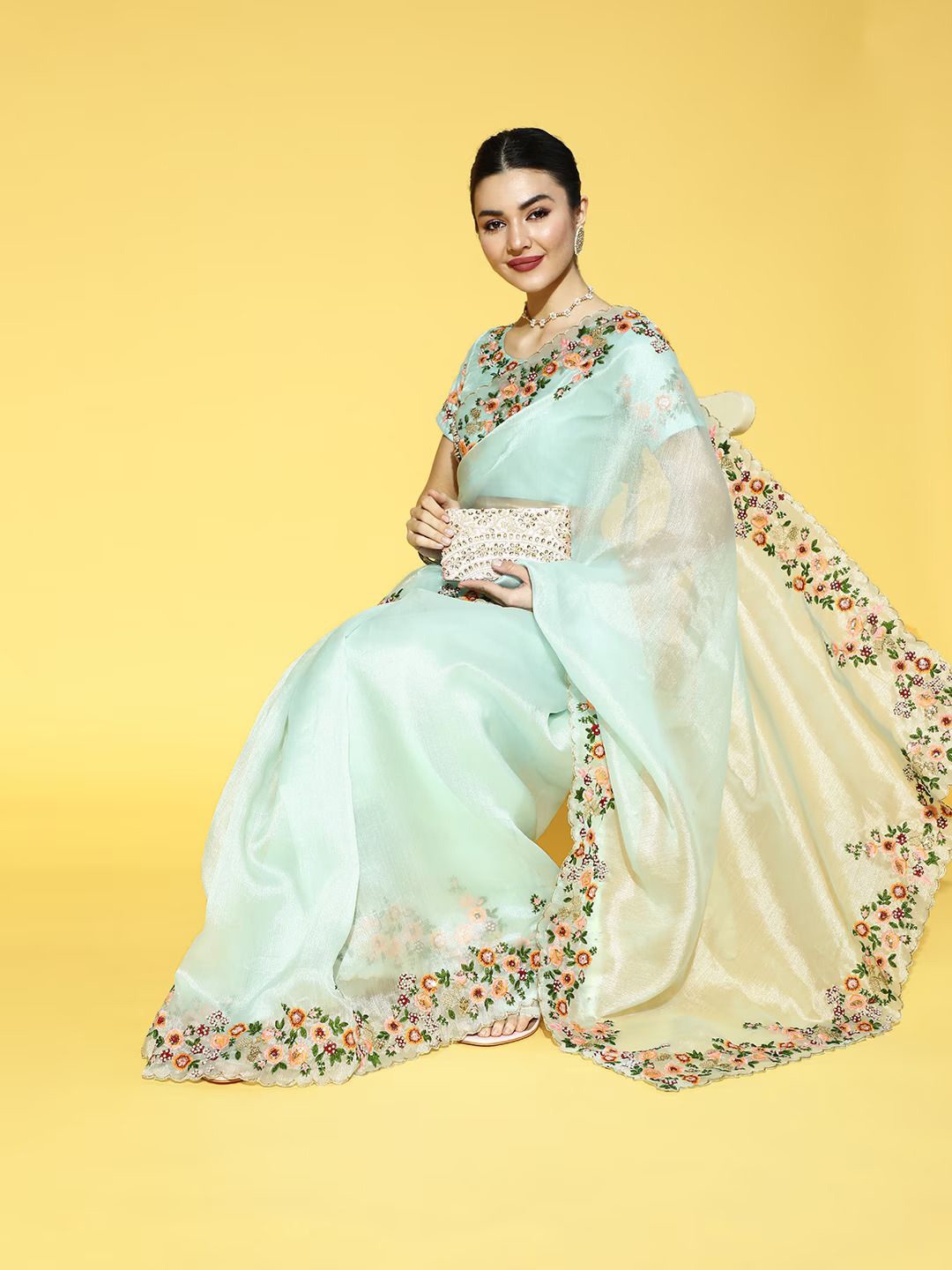 

Mitera Sequinned Embroidered Net Saree, Turquoise blue