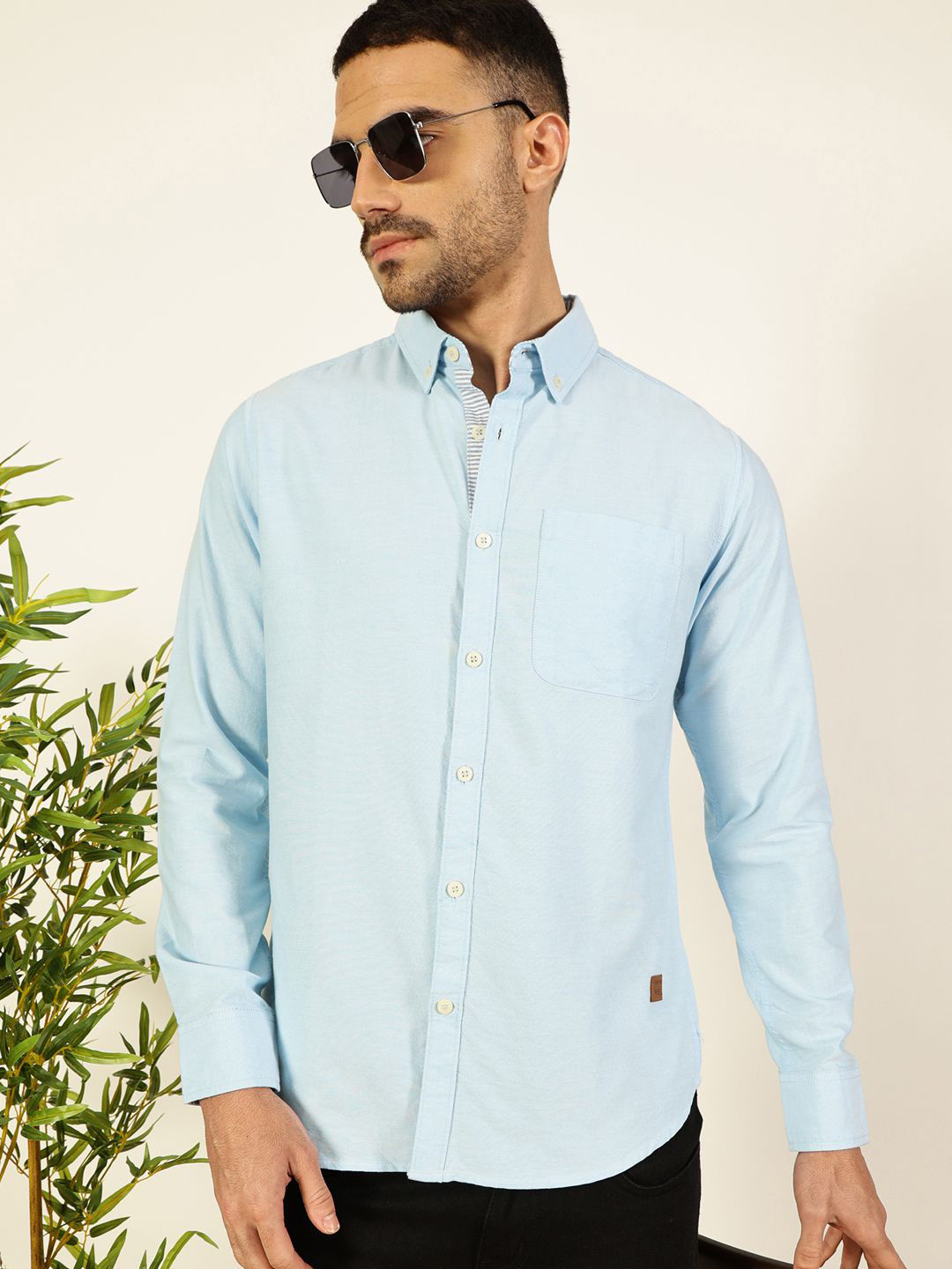 

Thomas Scott Men Premium Button-Down Collar Solid Cotton Slim Fit Casual Shirt, Blue
