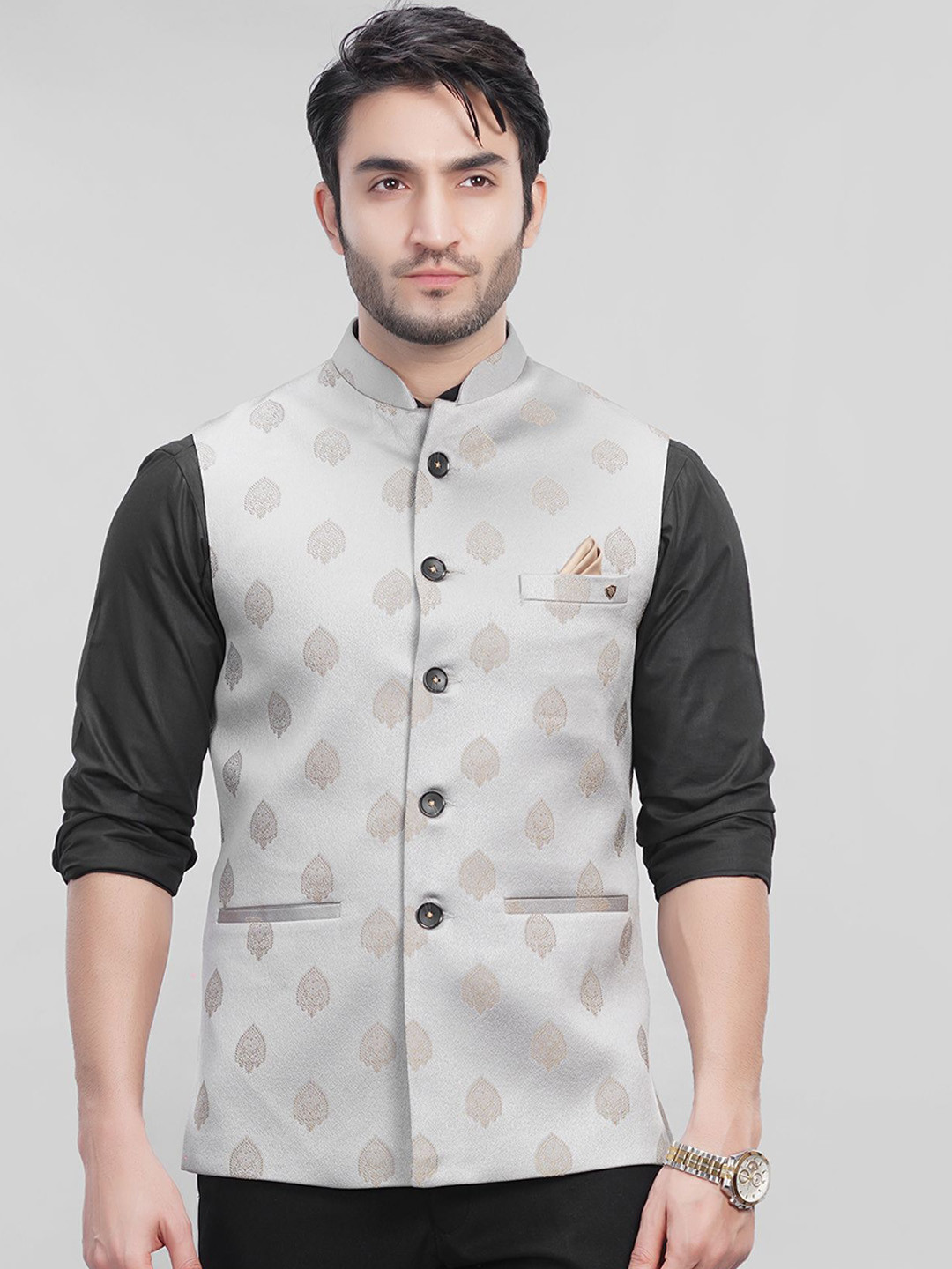 

LA'SCOOT Printed Mandarin Collar Nehru Jacket, Grey