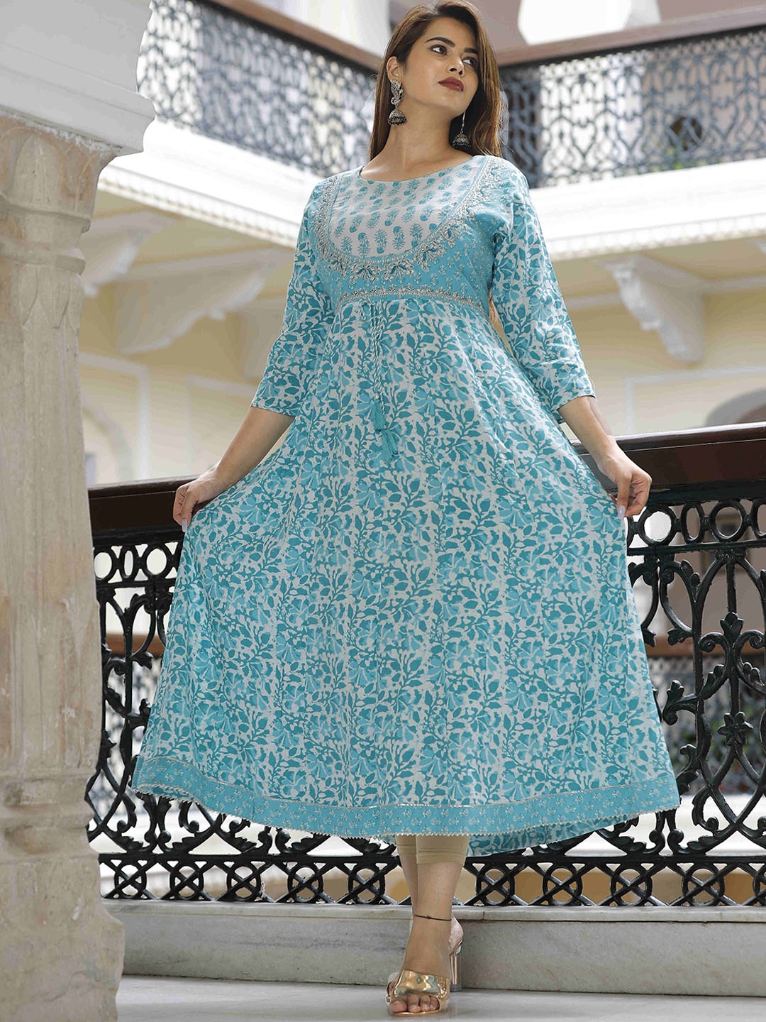 

QBO FASHION Floral Printed Thread Work Round Neck Anarkali Kurta, Blue