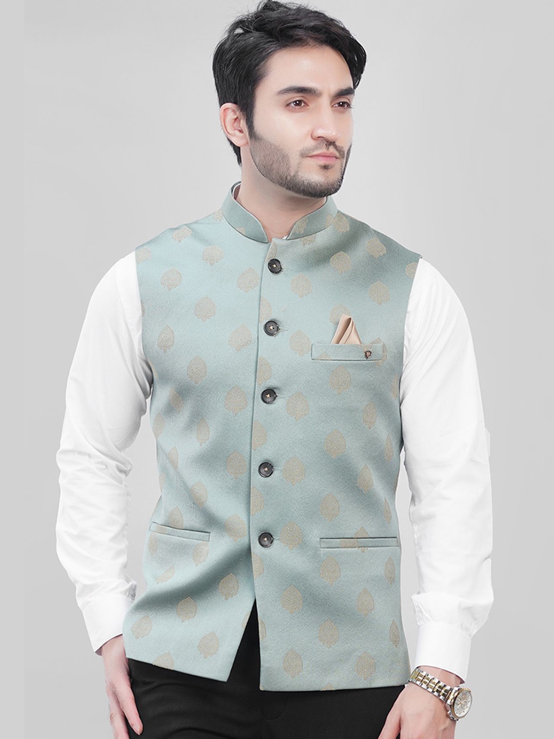 

LA'SCOOT Floral Woven Design Mandarin Collar Nehru Jacket, Green