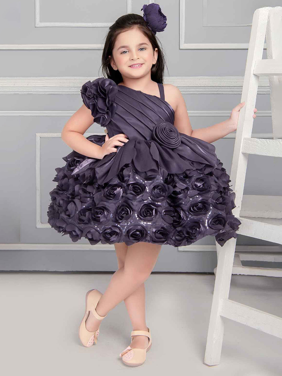 

Lagorii Girls Floral One Shoulder Net Fit & Flare Dress, Purple