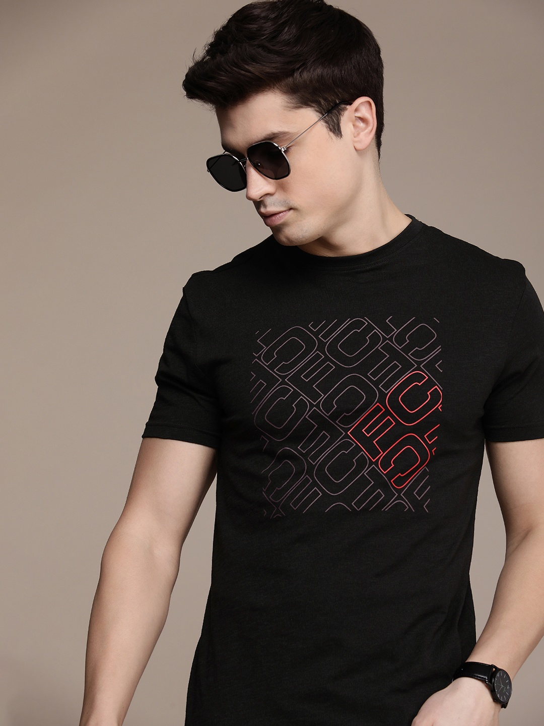 

French Connection Printed Pure Cotton T-shirt, Black