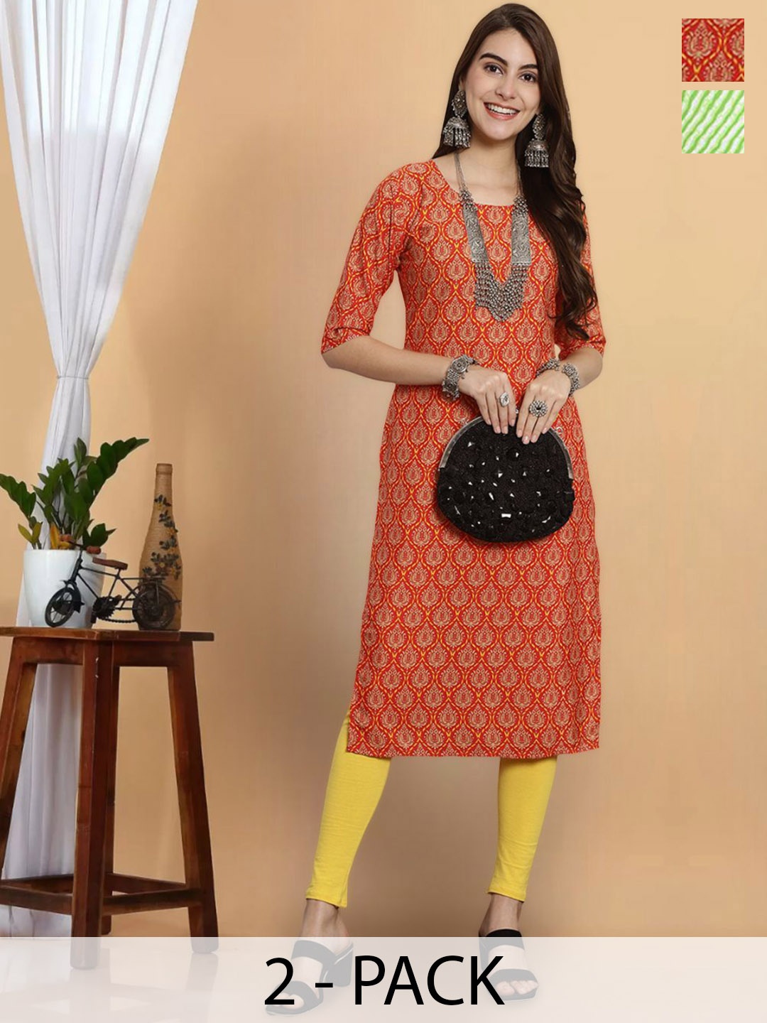 

7Threads Selection Of 2 Printed Straight Kurtas, Orange