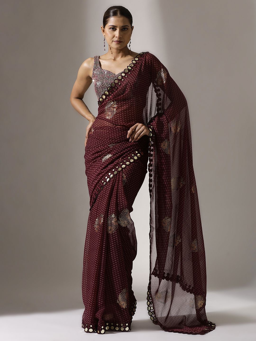 

Qahal Geometric Print Mirror Work Pure Georgette Saree, Purple