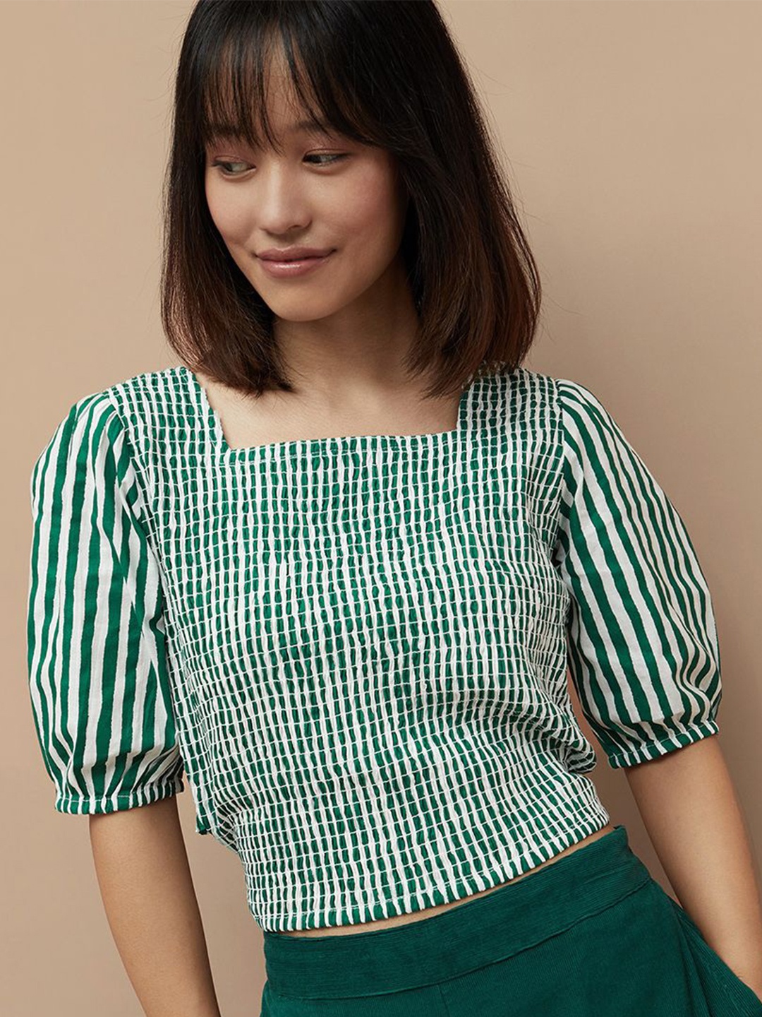 

Colour Me by Melange Print Puff Sleeve Cotton Top, Green