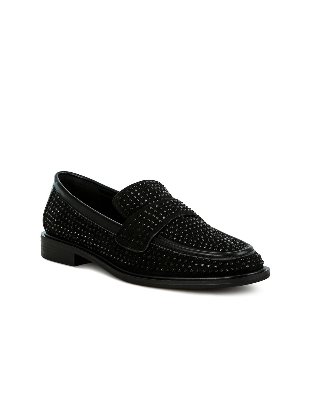 

London Rag Women Rhinestones Embellished Leather Loafers, Black