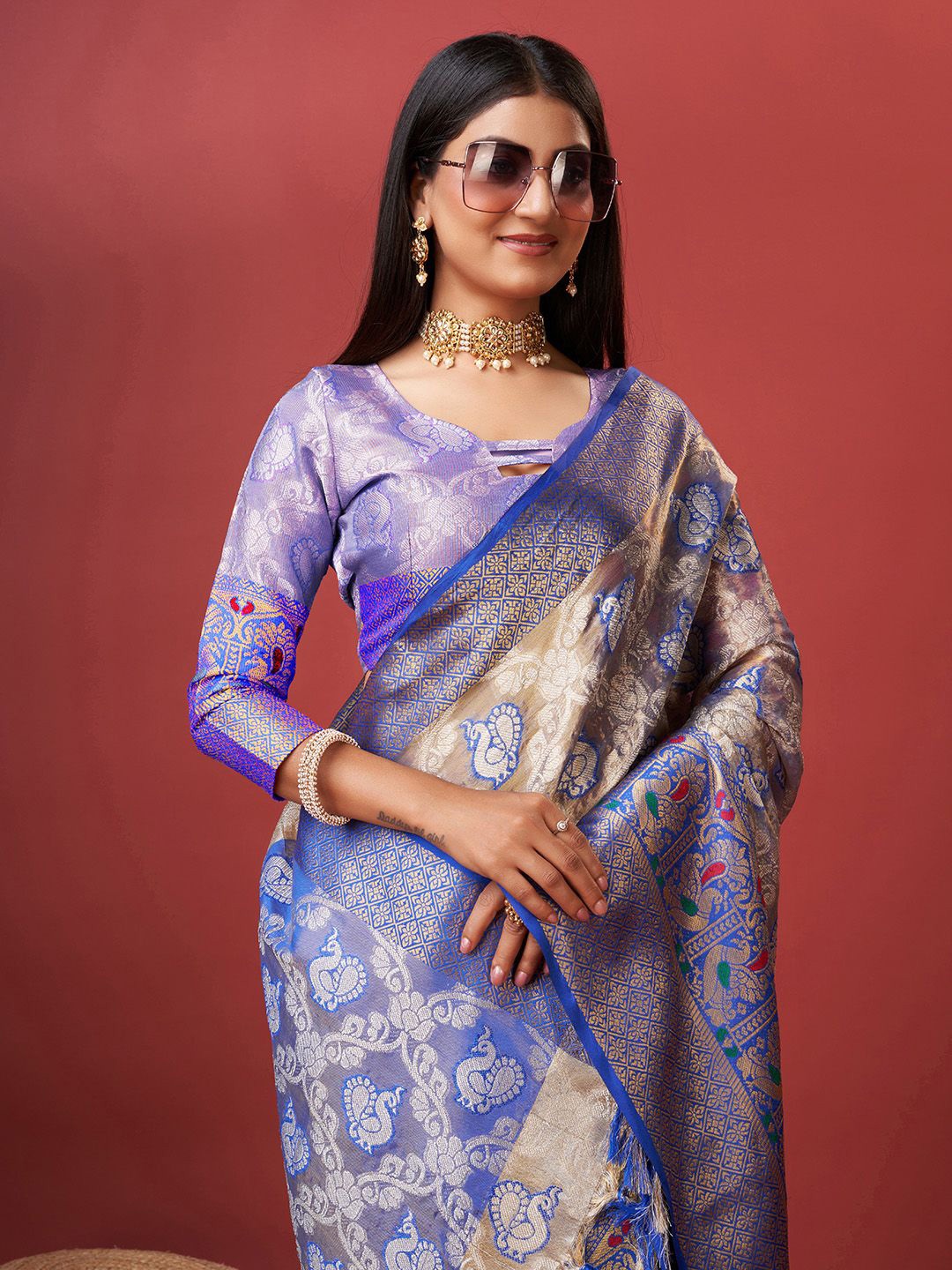 

NIWAA Ethnic Motifs Zari Tissue Banarasi Saree, Blue