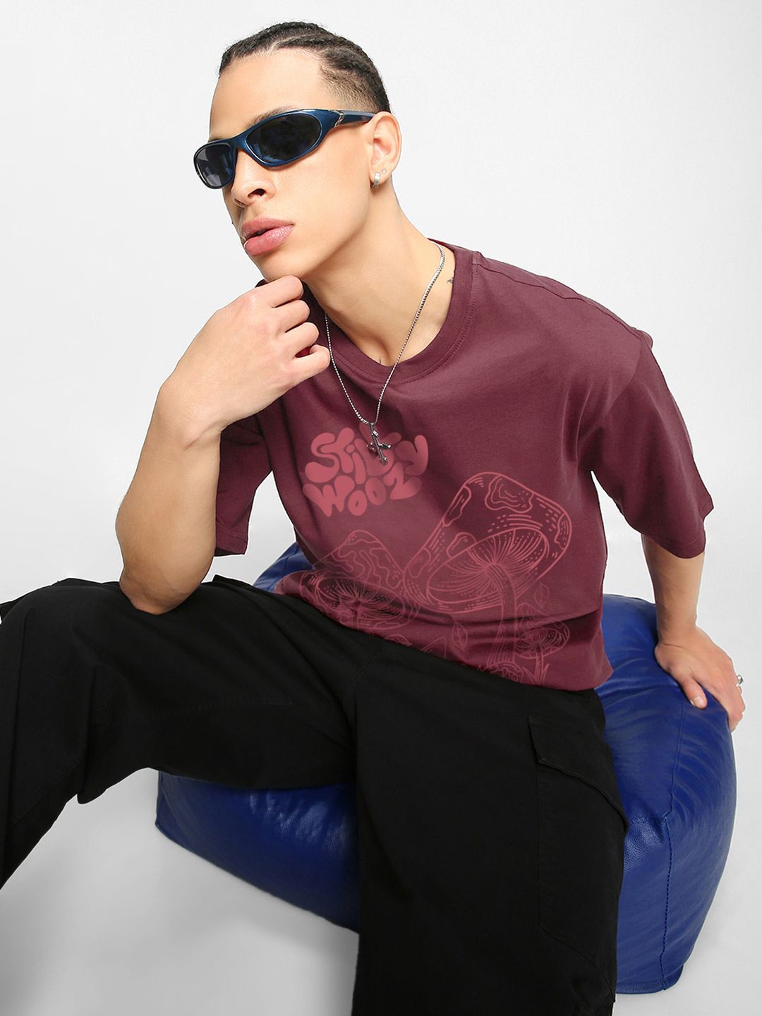 

Bewakoof Men Graphic Printed Round Neck Cotton Oversized T-Shirt, Maroon